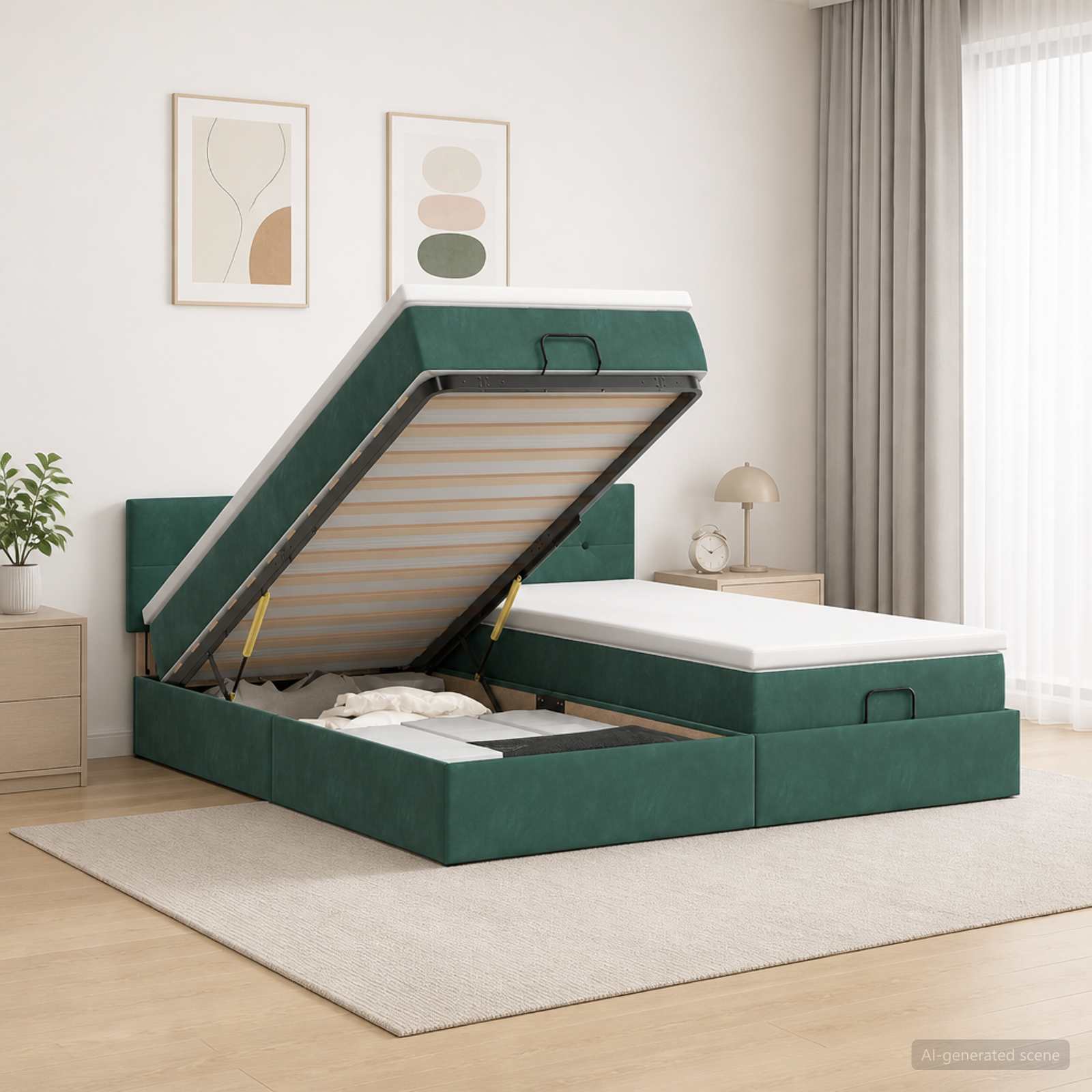 Ottoman Bed met Matrassen en LED Donkergroen 200 x 200 cm – afbeelding 1