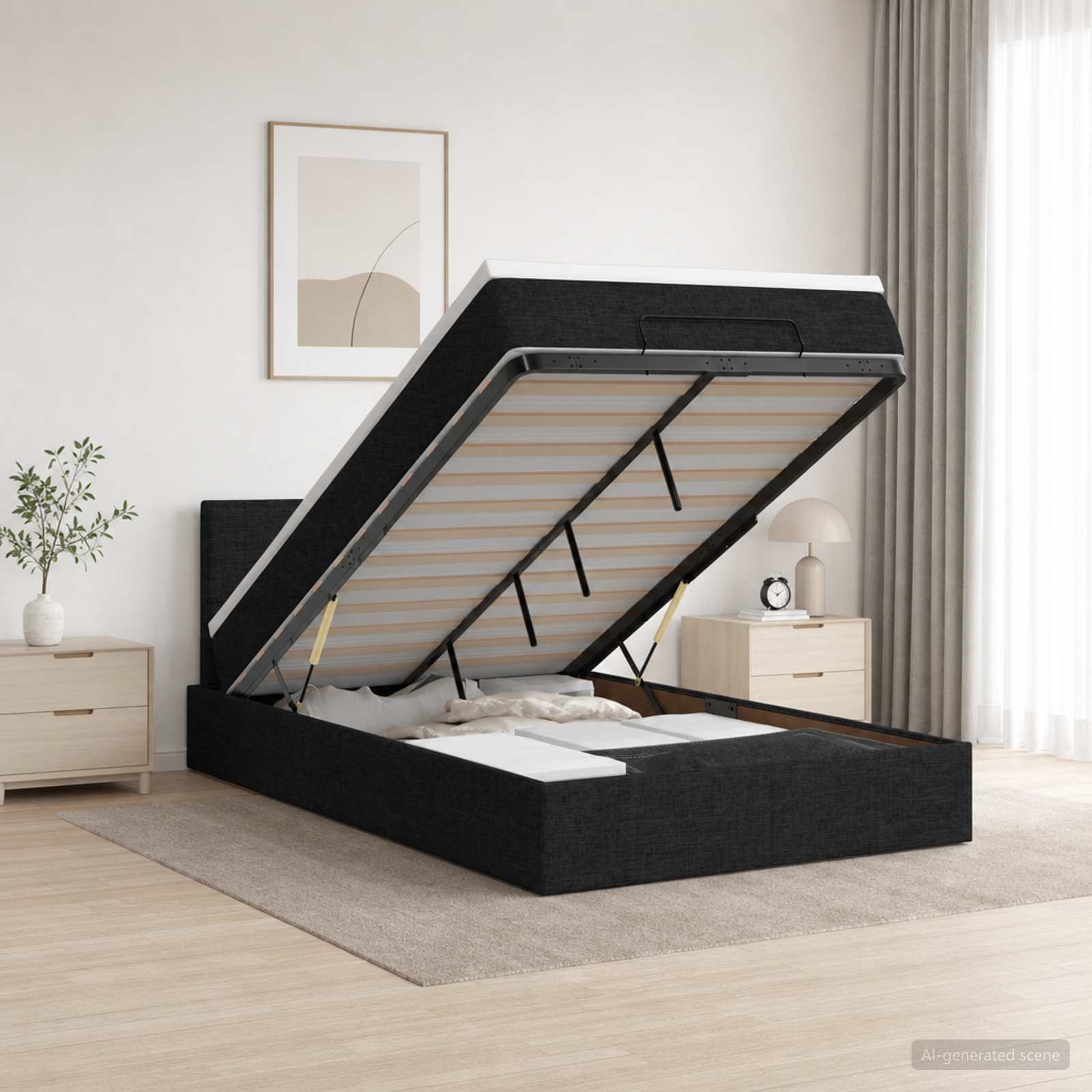 Ottoman seng med madras og LED 120 x 190 cm - sort stof med opbevaring