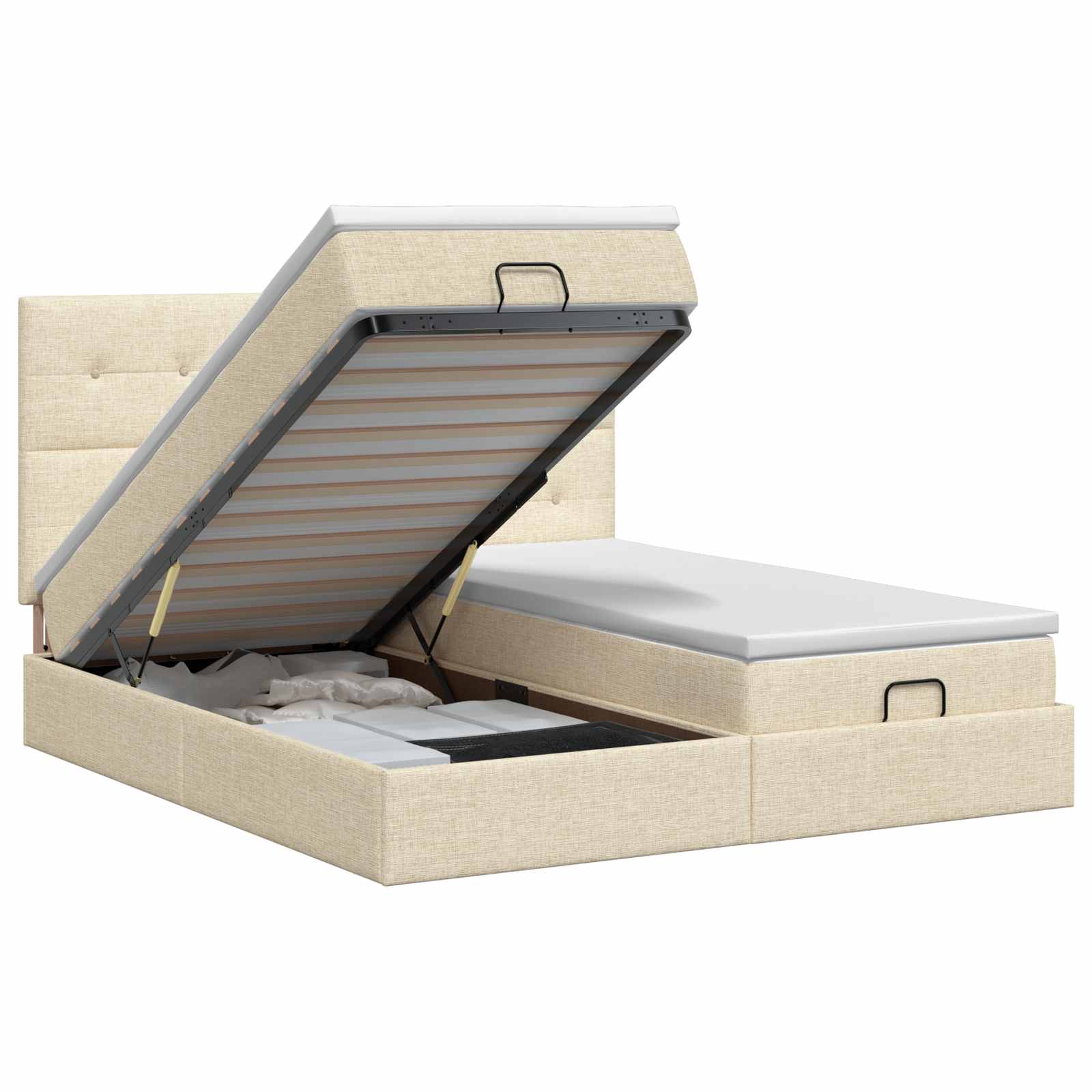 vidaXL Pat ottoman cu saltea cu headboard 2 buc. Crem Țesătură