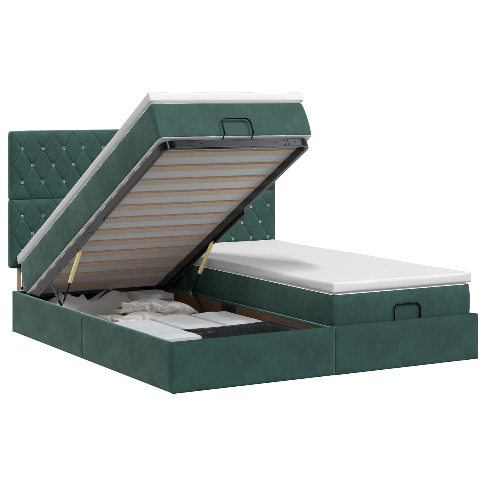 vidaXL Pat ottoman cu saltea cu headboard 2 pcs Verde închis Catifea