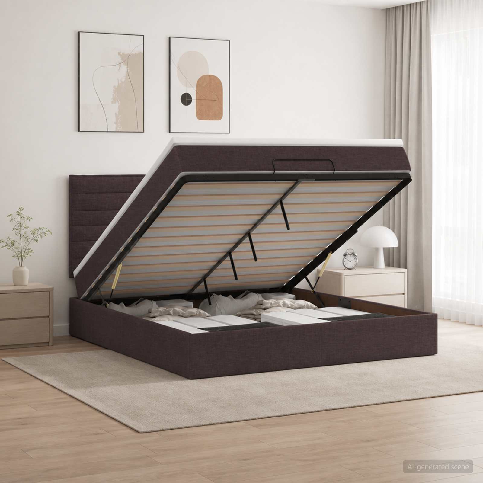 Ottoman seng 140 x 200 cm med madras, opbevaring og LED - Mørk brun stof