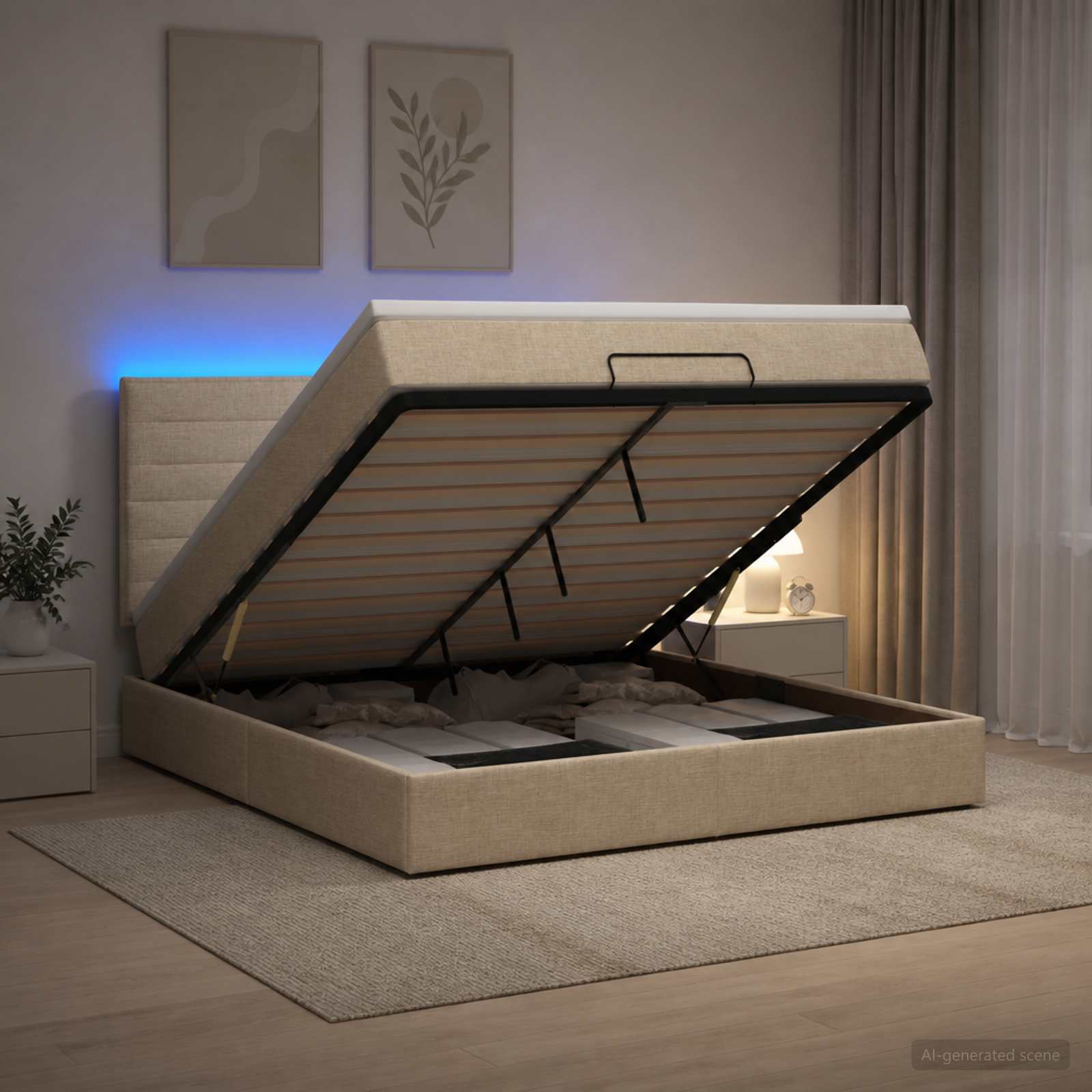 vidaXL Ottoman Bed met Matrassen en LED Crèmekleurig 160 x 200 cm Stof, foto 4
