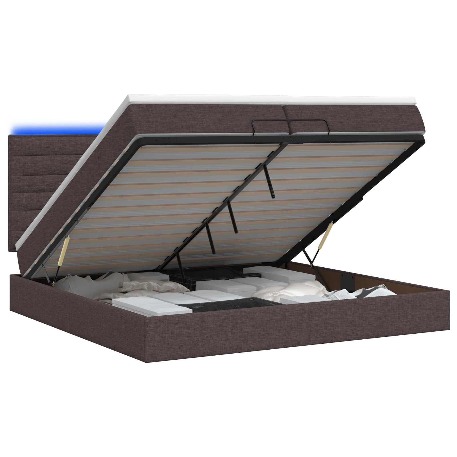 vidaXL Ottoman Bed met Matrassen en LED Donkerbruin 200 x 200 cm Stof bruin, foto 3