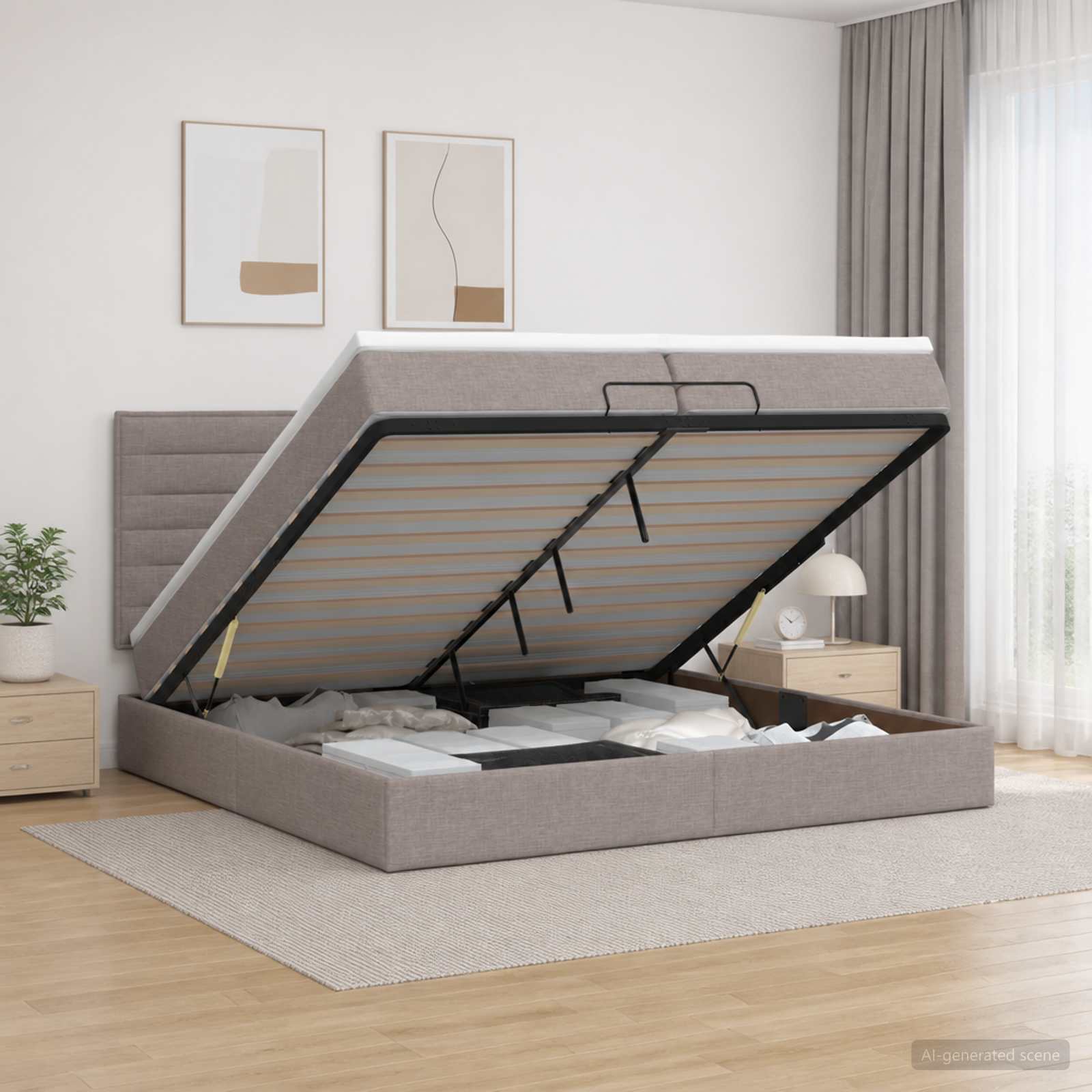 Ottoman seng 200 x 200 cm med madras, opbevaring og LED - Gråbrun stof