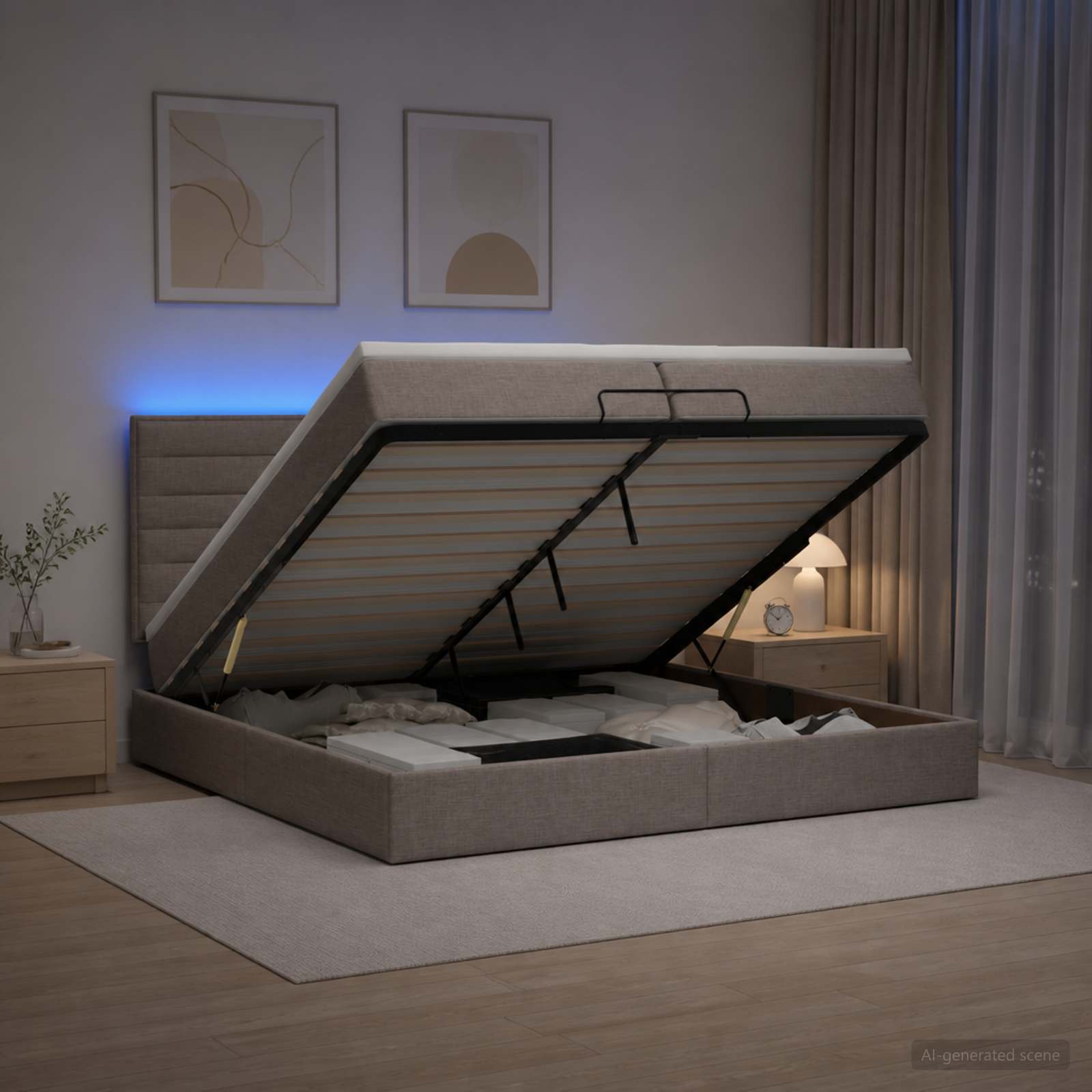 Otomanska postelja z vzmetnico in LED Taupe 200 x 200 cm Blago