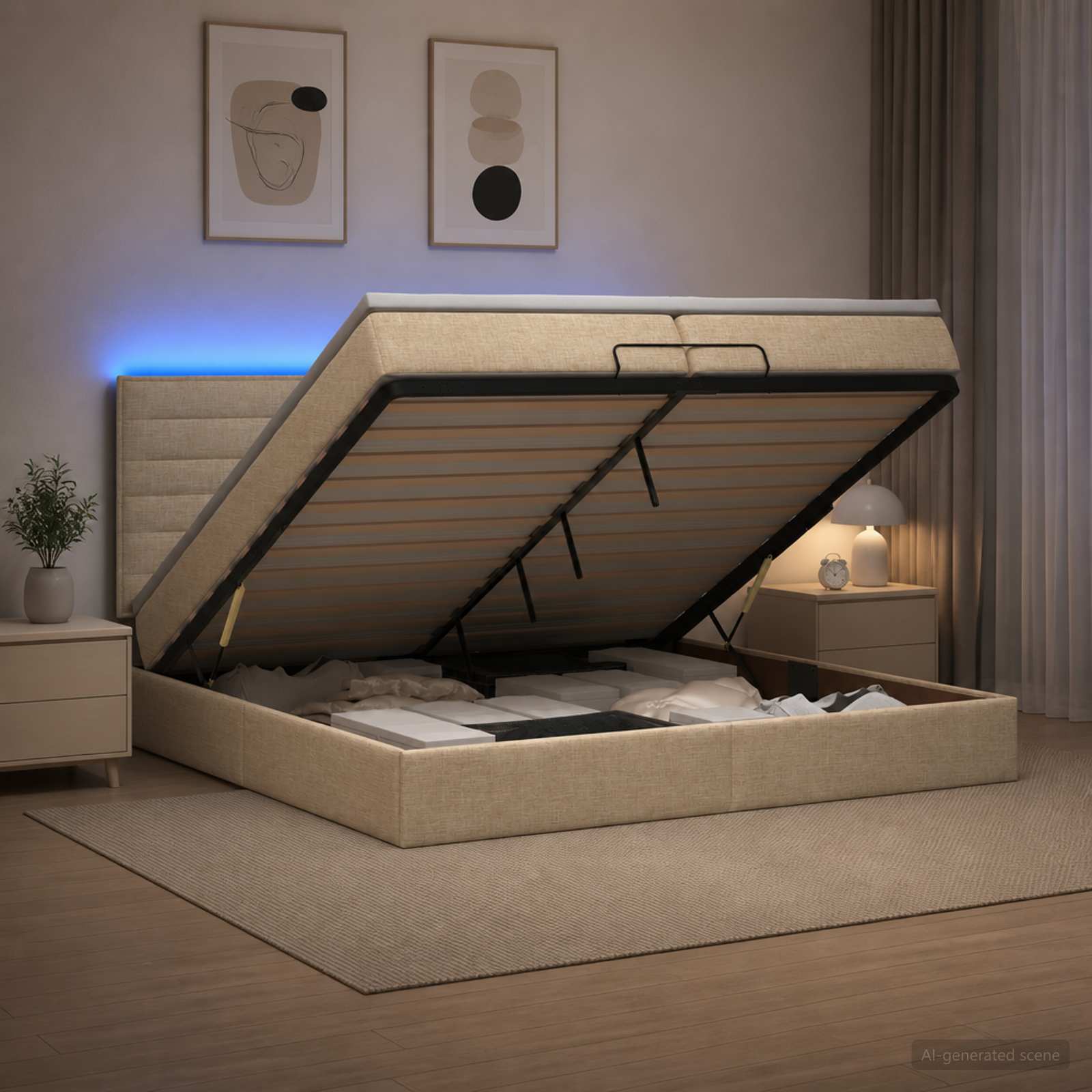 Otomanska postelja z vzmetnico in LED Krem 200 x 200 cm Blago