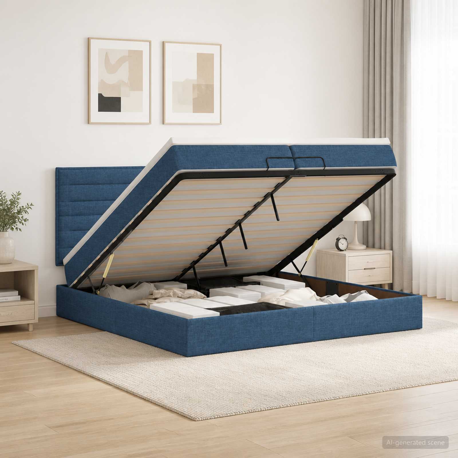 vidaXL Ottoman Bed met Matrassen en LED Blauw 200 x 200 cm Stof, foto 4