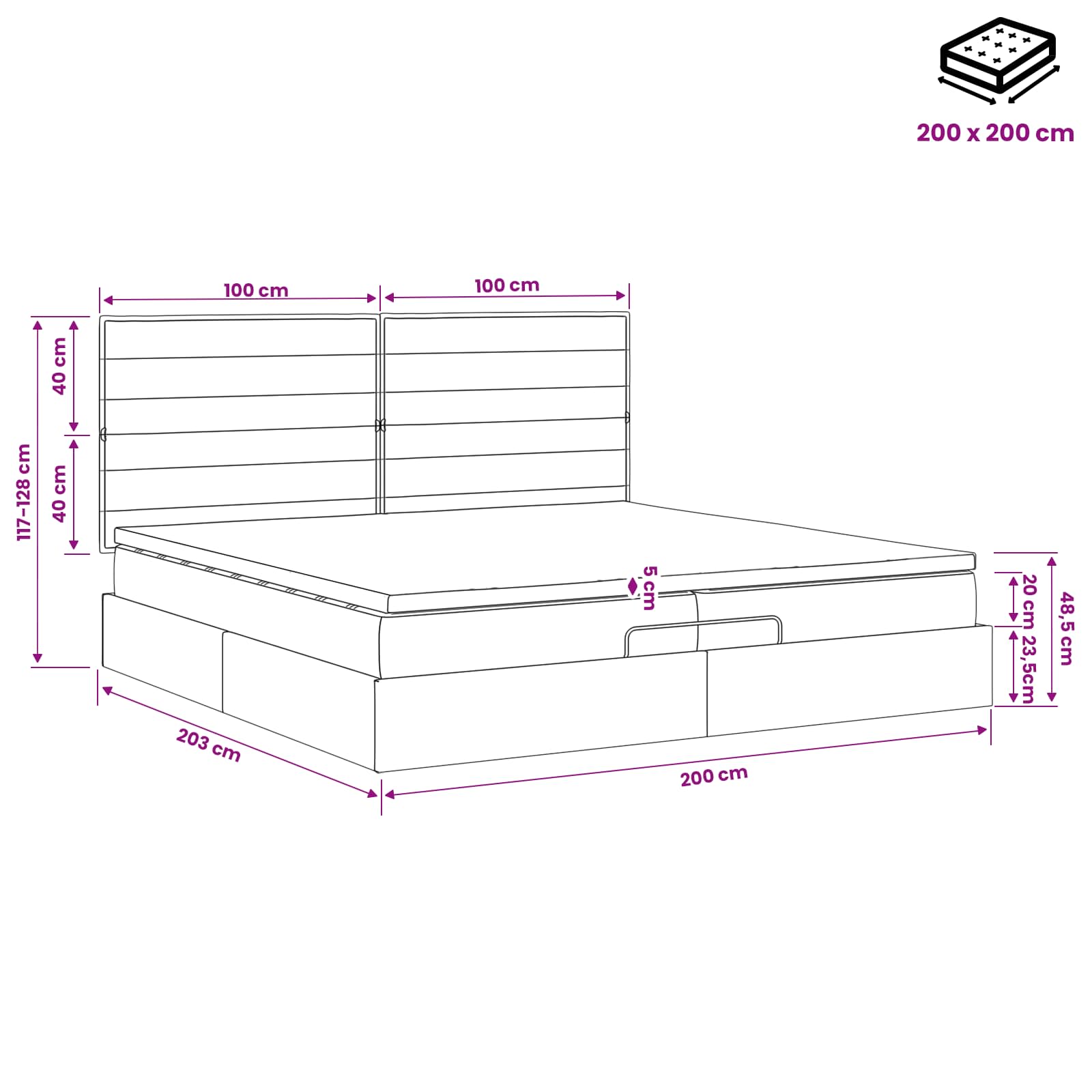 Otomanska postelja z vzmetnico in LED Modra 200 x 200 cm Blago