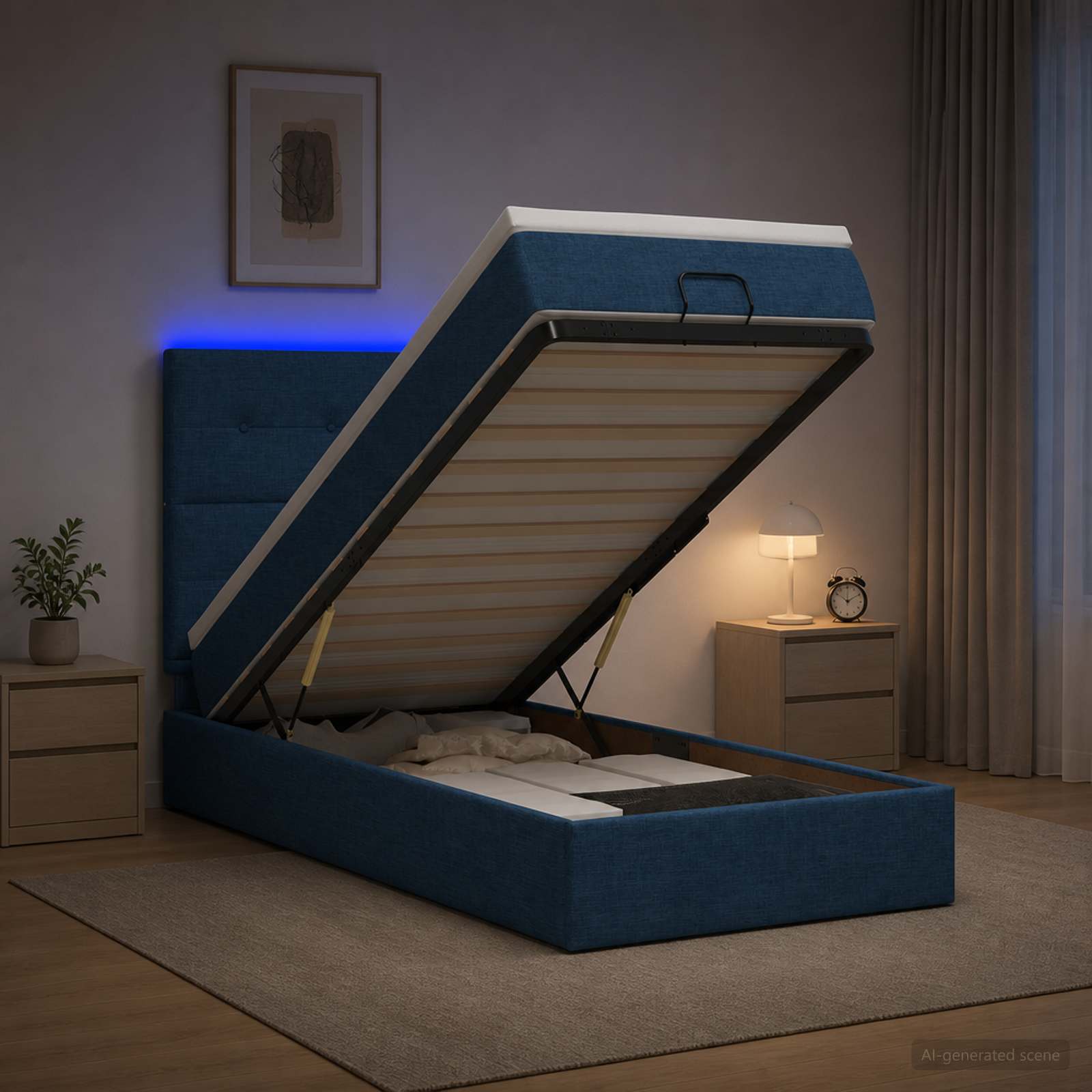 Ottoman Bed met Matrassen en LED Blauw 100 x 200 cm Stof – afbeelding 1