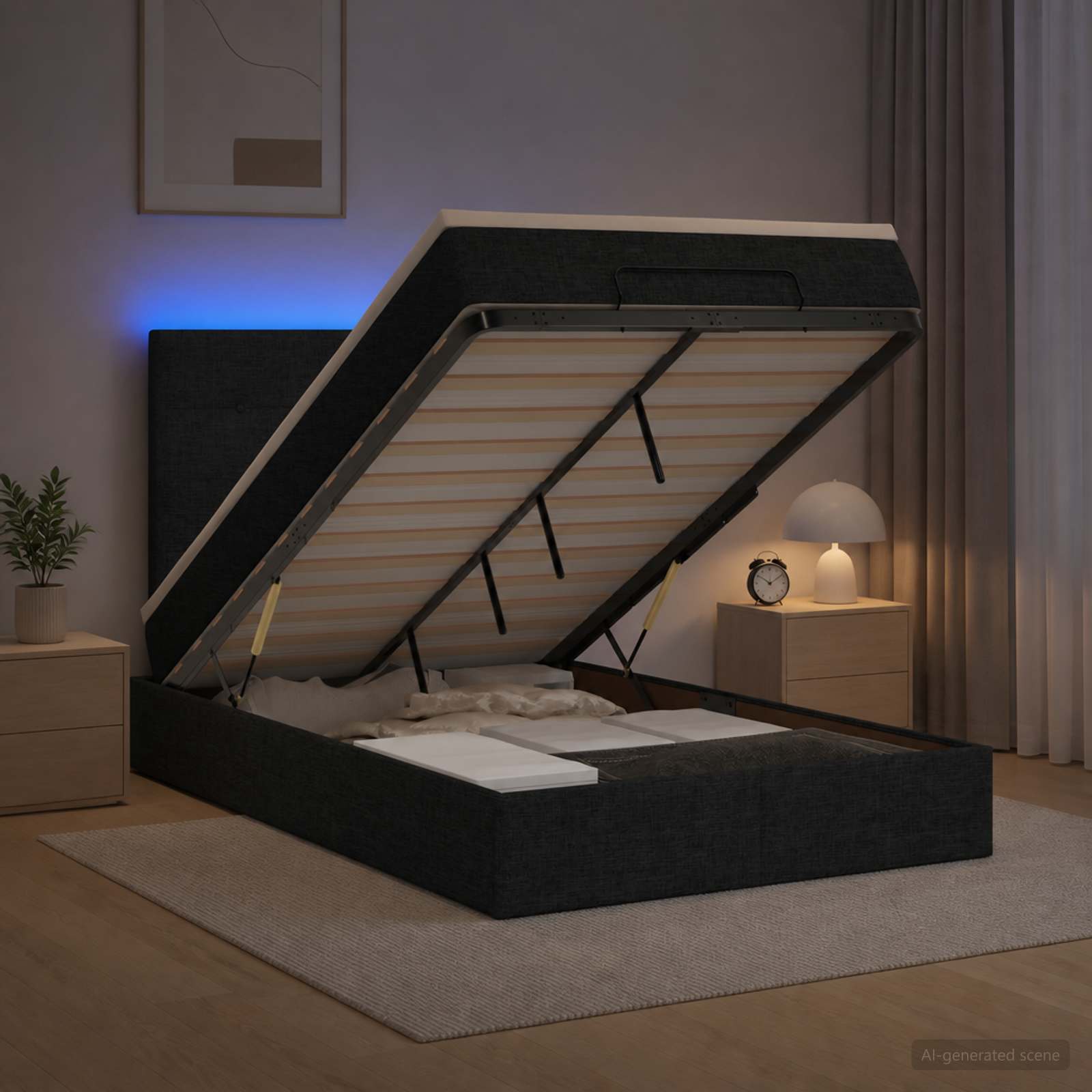 Отоман с матрак и LED с LED ленти Черно 120 x 200 cm Текстил