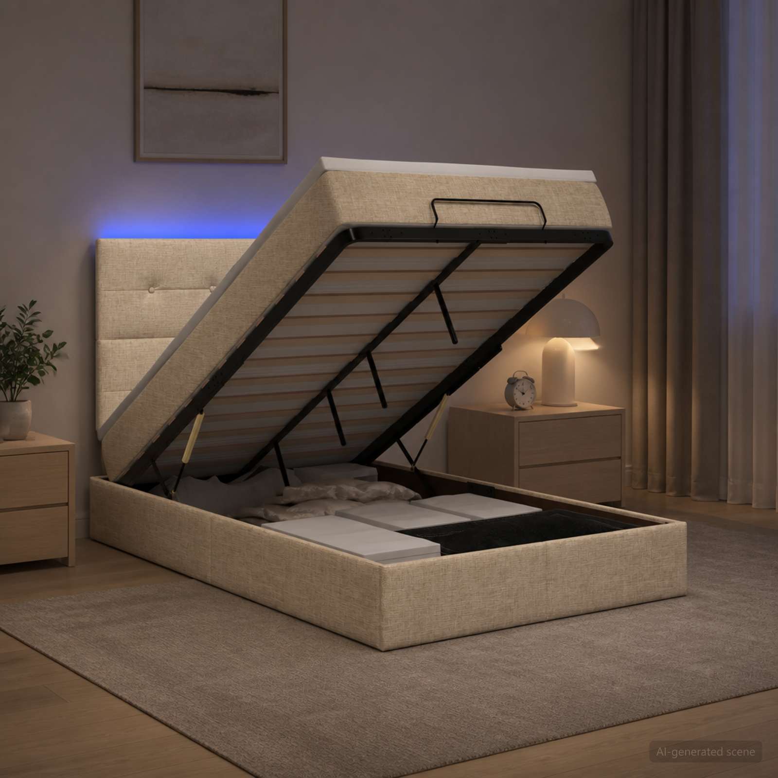 Otomanska postelja z vzmetnico in LED Krem 120 x 190 cm Blago