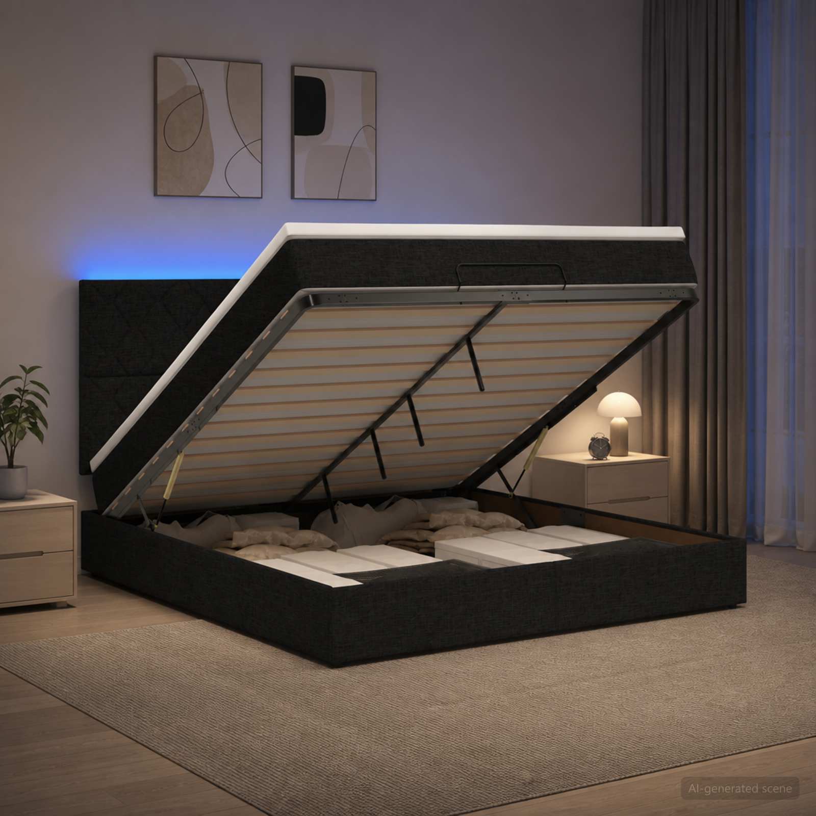 Отоман с матрак и LED с LED ленти Черно 140 x 200 cm Текстил