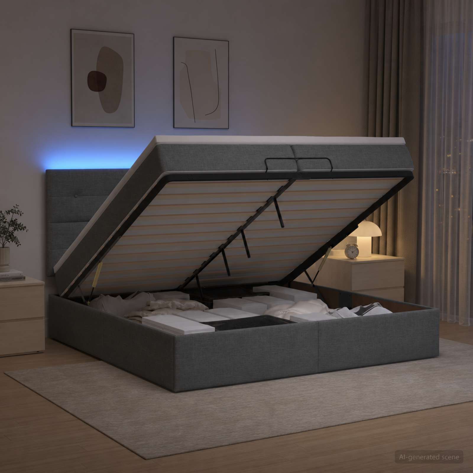 Отоман с матрак и LED с таблото Тъмносиво 200 x 200 cm Текстил
