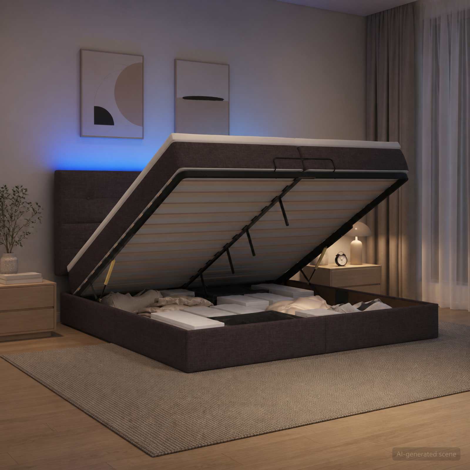 vidaXL Ottoman seng med madras og LED Mørk Brun 200 x 200 cm Stof