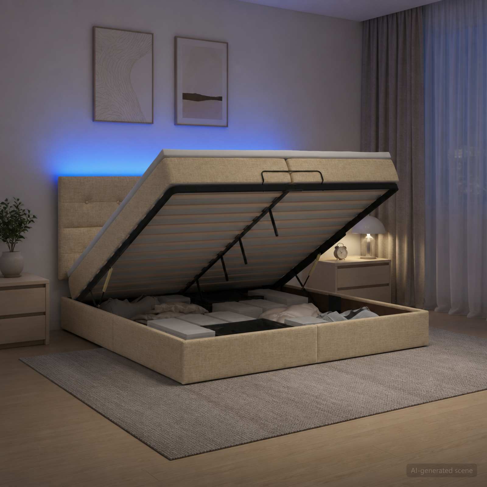 vidaXL Ottoman seng med madras og LED Cremefarvet 200 x 200 cm Stof