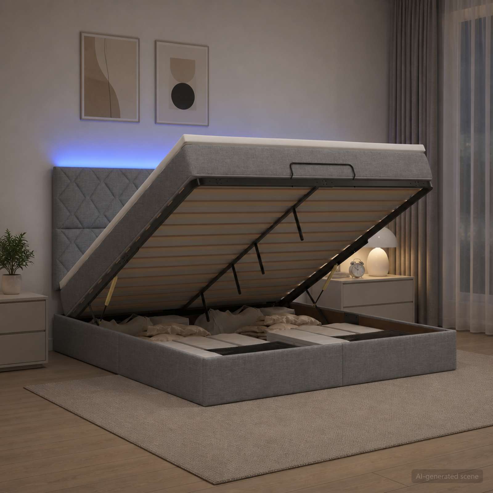 Отоман с матрак и LED с таблото Светлосиво 160 x 200 cm Текстил