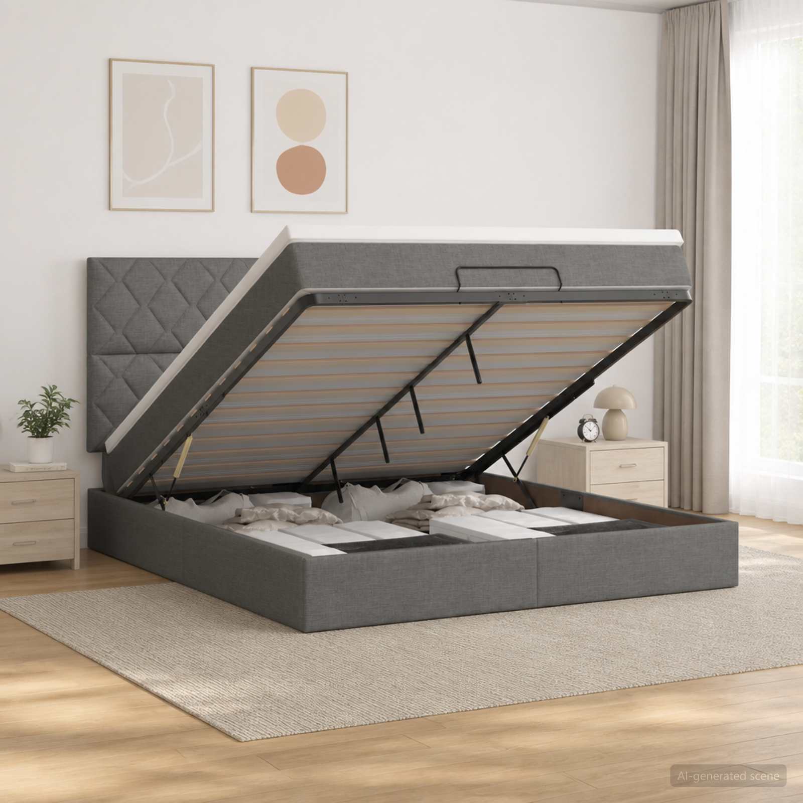 Отоман с матрак и LED с таблото Тъмносиво 140 x 190 cm Текстил
