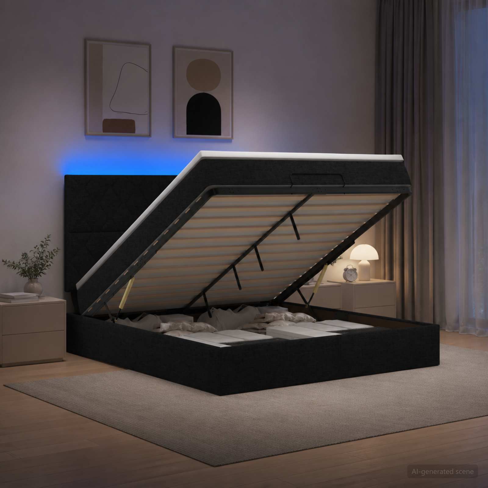 Отоман с матрак и LED с LED ленти Черно 140 x 190 cm Текстил