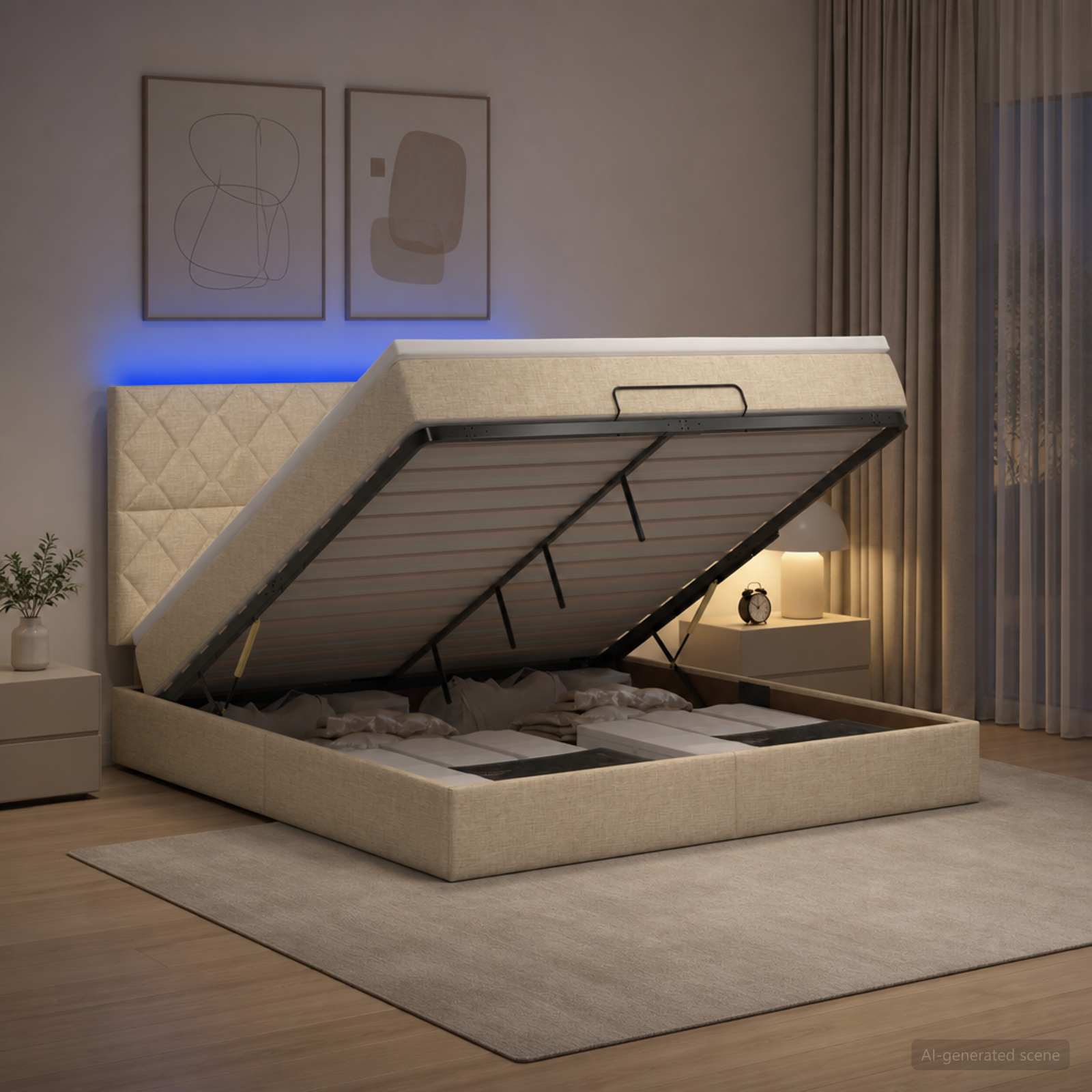 vidaXL Ottoman seng med madras og LED Cremefarvet 140 x 190 cm Stof