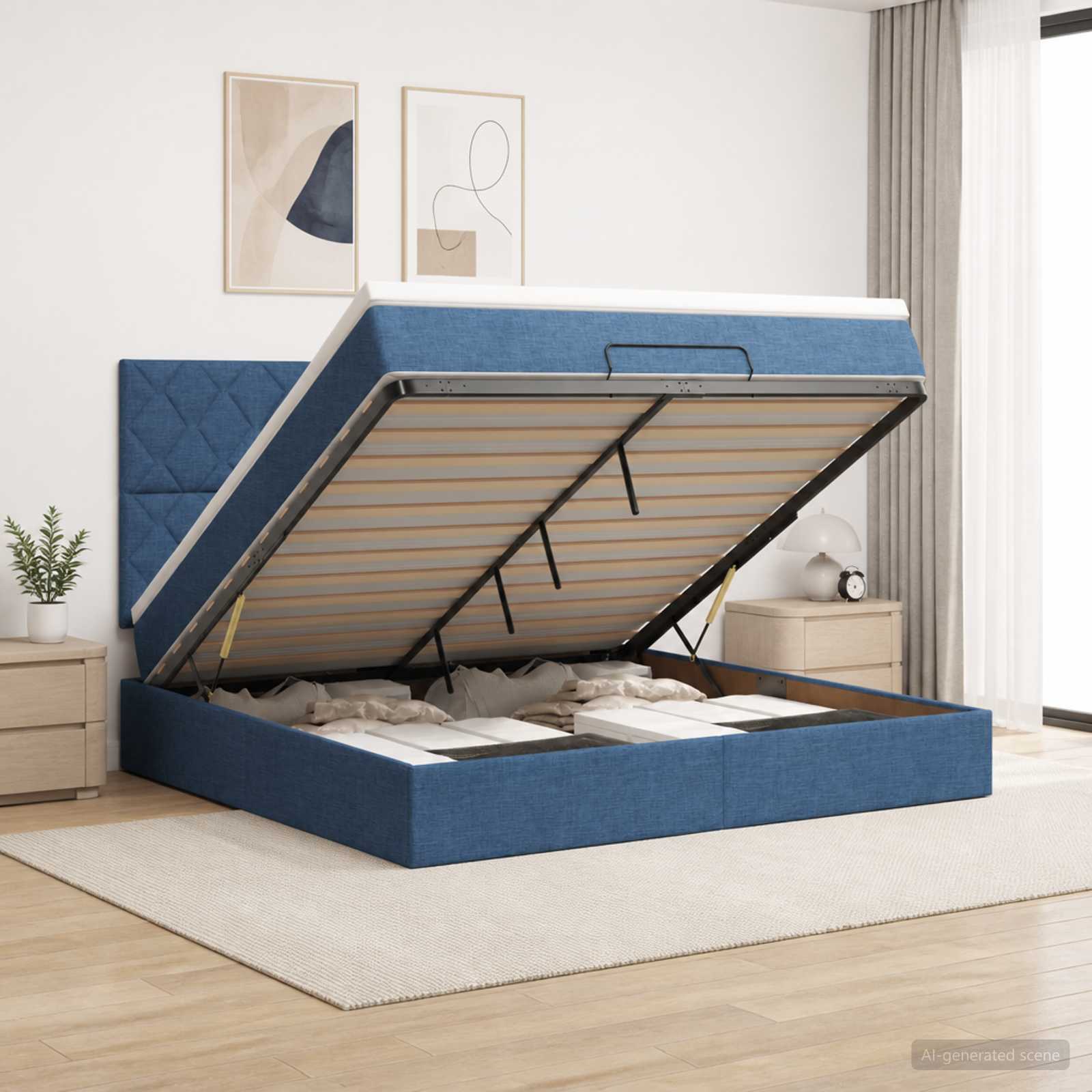 Ottoman seng 140 x 200 cm med madras, LED og opbevaring - blå stof