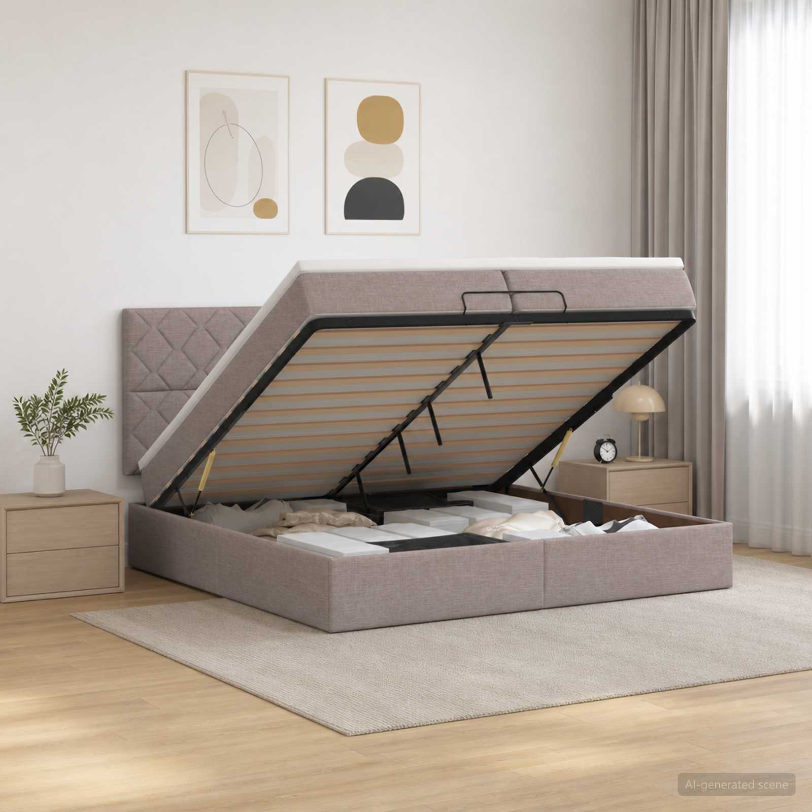 vidaXL Ottoman seng med madras og LED Gråbrun 200 x 200 cm Stof
