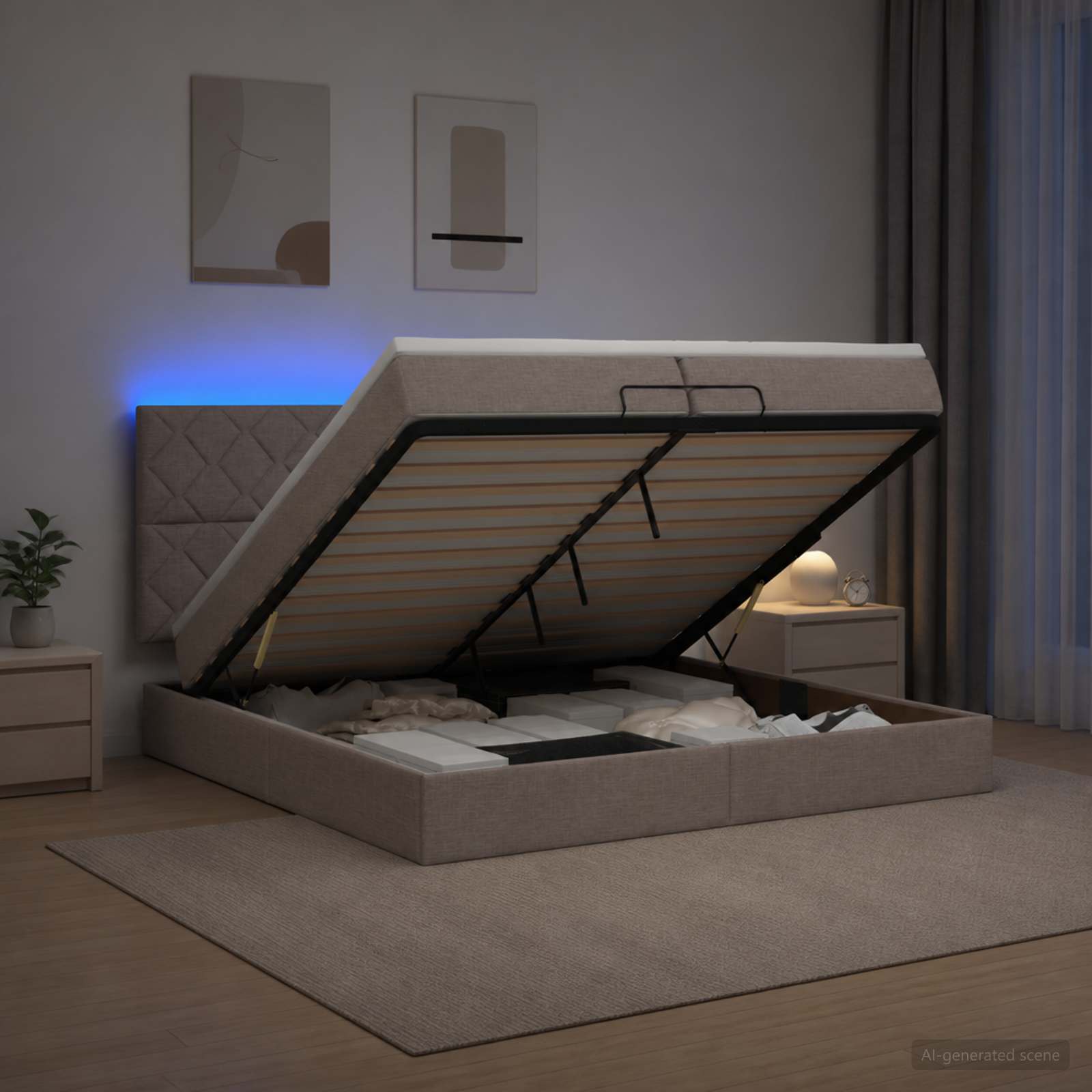 Otomanska postelja z vzmetnico in LED Taupe 200 x 200 cm Blago