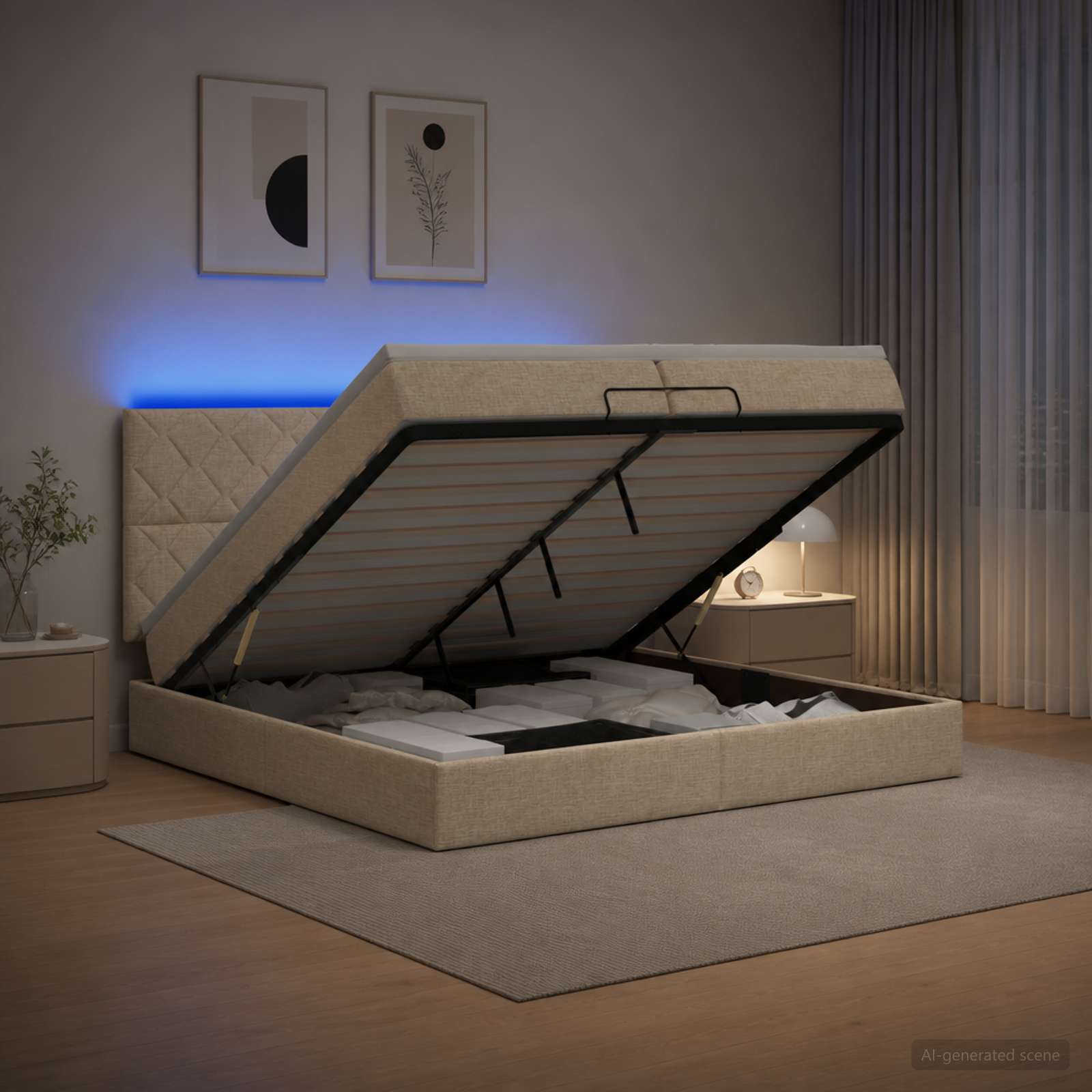 vidaXL Ottoman seng med madras og LED Cremefarvet 200 x 200 cm Stof