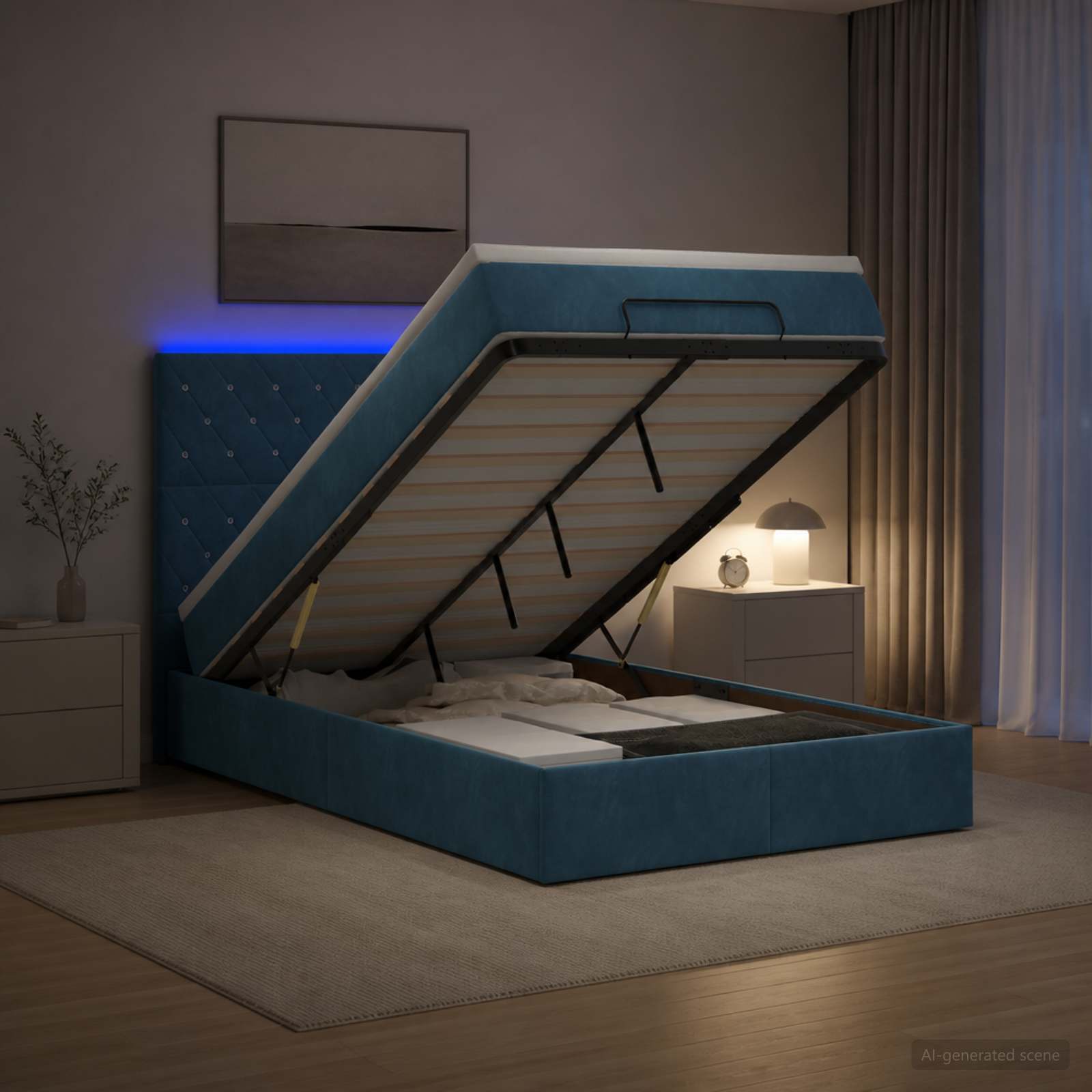 Отоман с матрак и LED с таблото Тъмносиньо 120 x 190 cm Кадифе