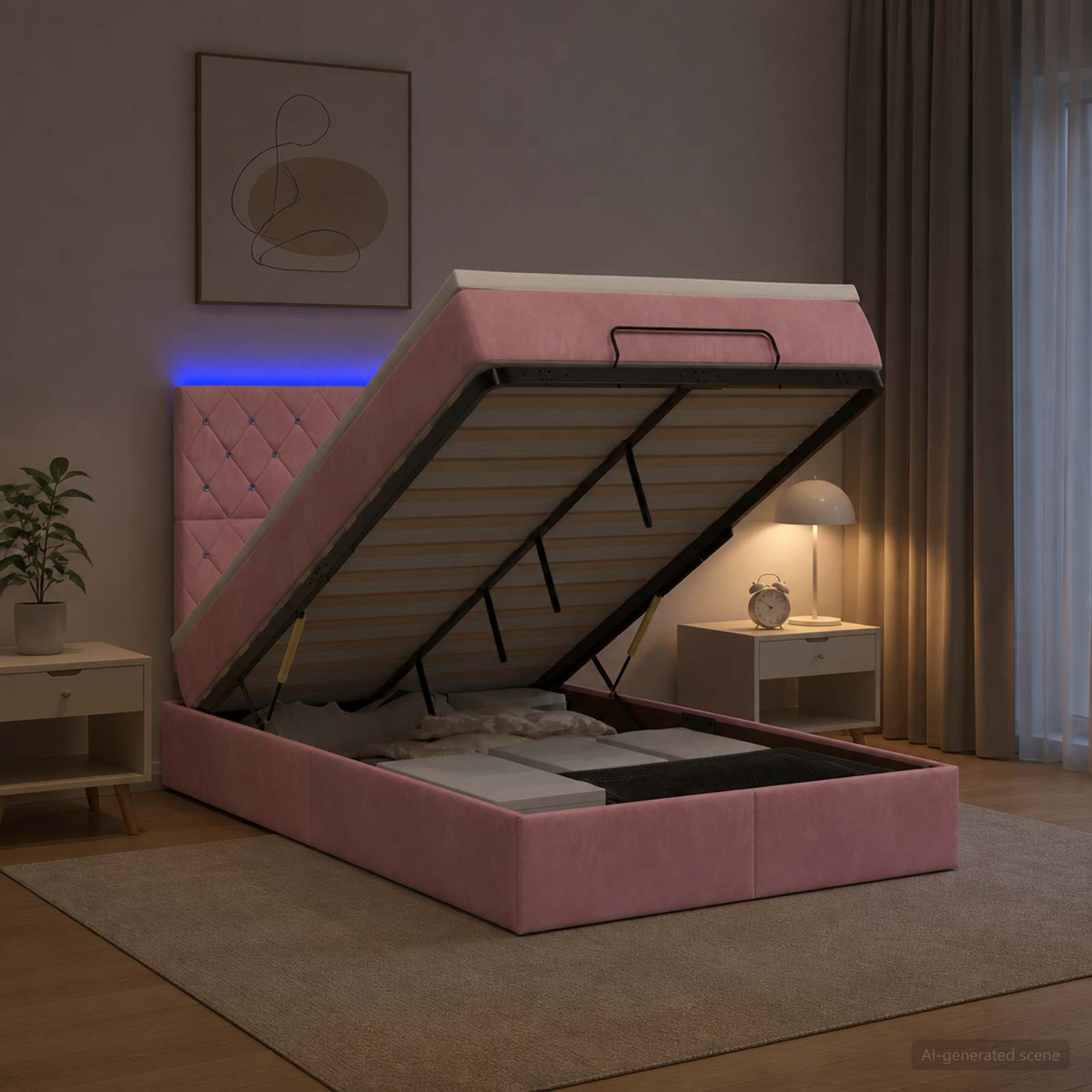 Отоман с матрак и LED с LED ленти Розово 120 x 190 cm Кадифе