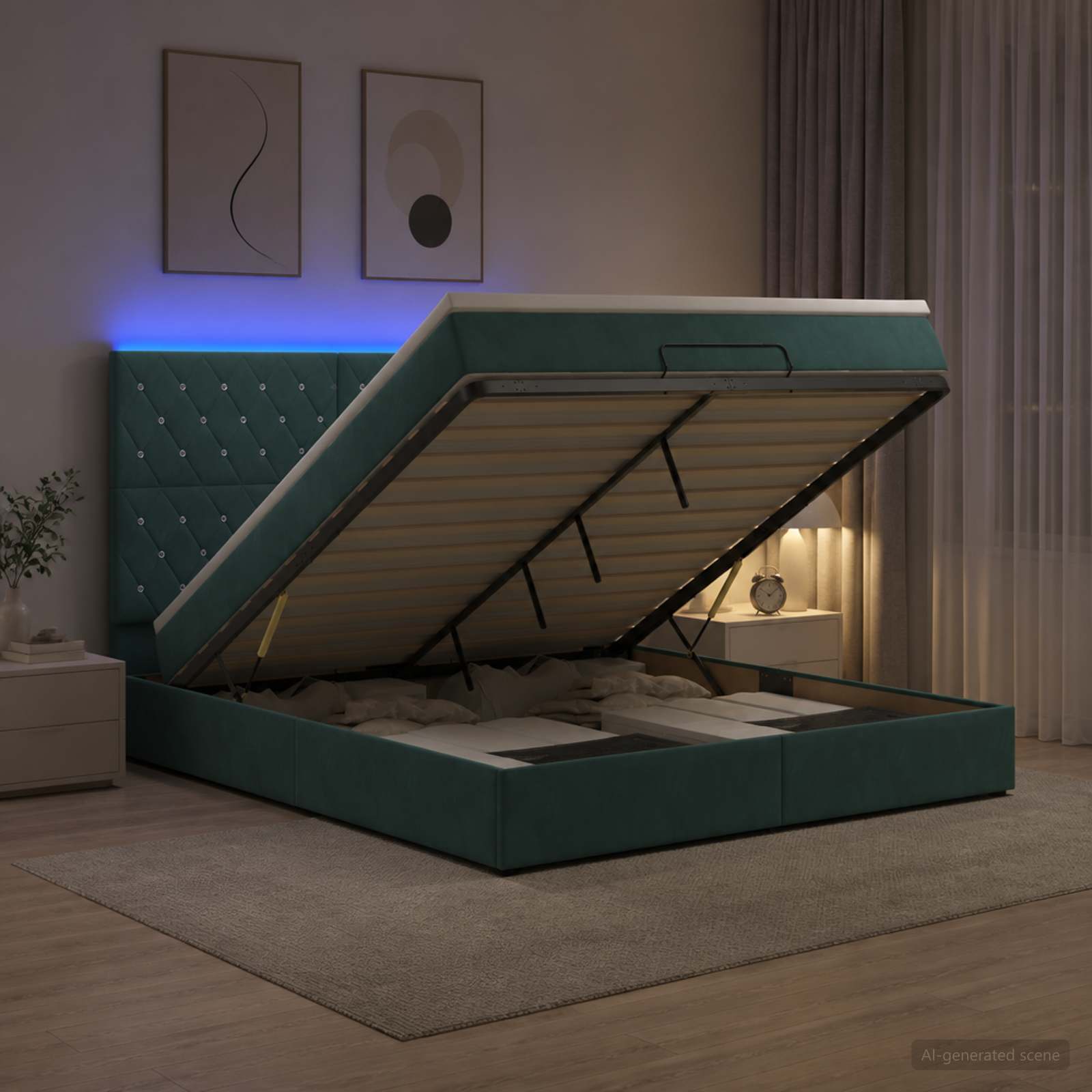 Otomanska postelja z vzmetnico in LED Temno zelena 140 x 190 cm