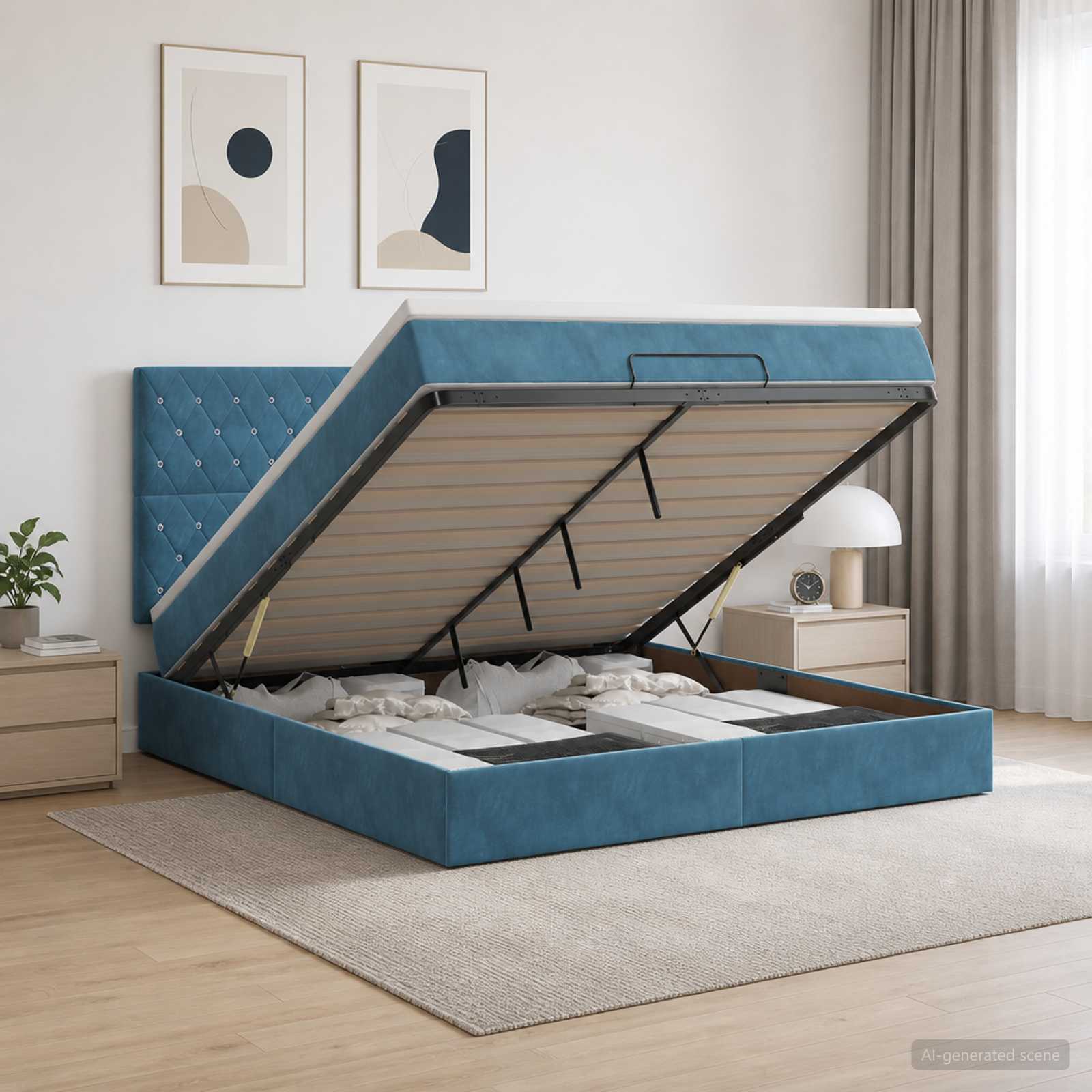 Ottoman bed met matras Donkerblauw 140 x 200 cm Fluweel – afbeelding 1