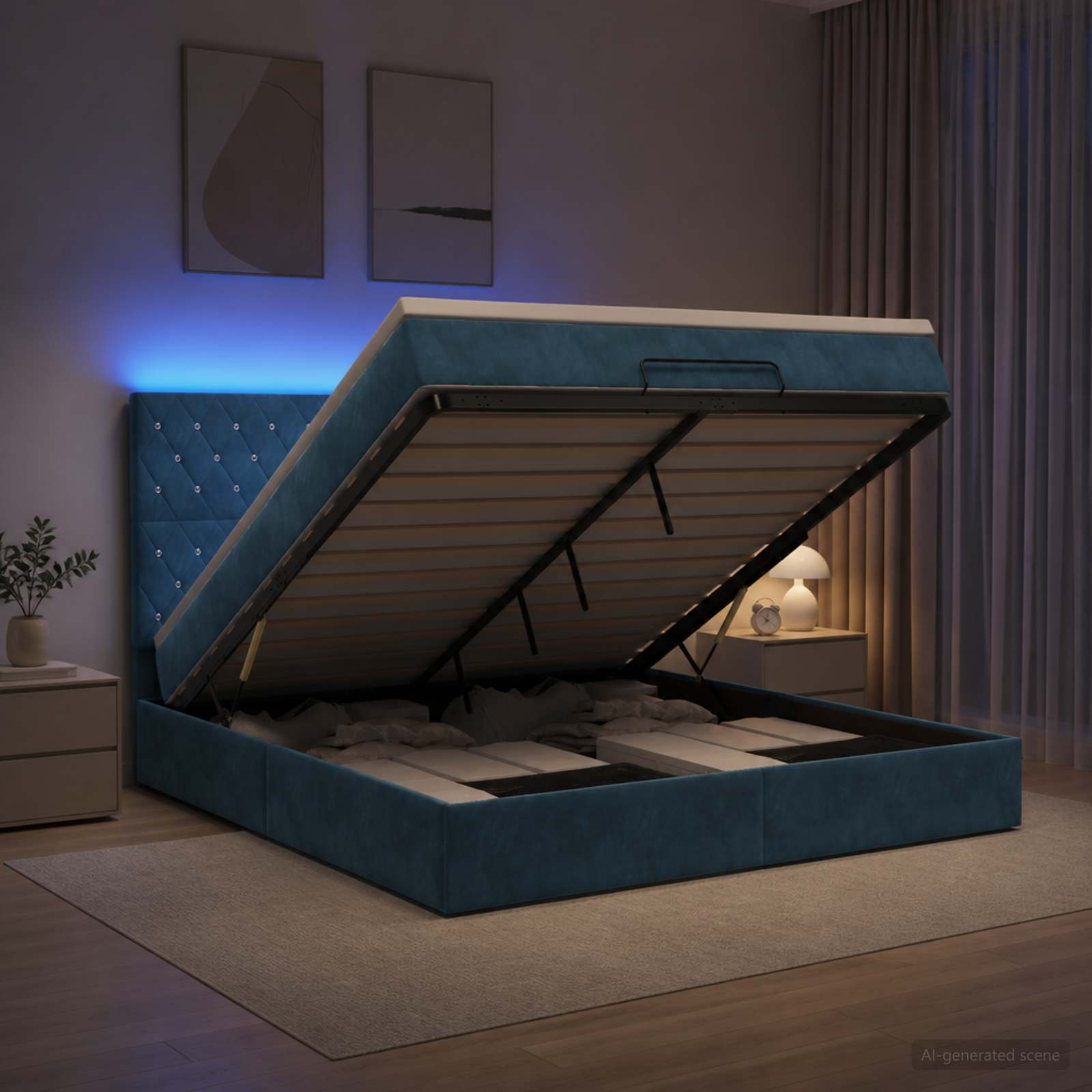 Отоман с матрак и LED с таблото Тъмносиньо 160 x 200 cm Кадифе