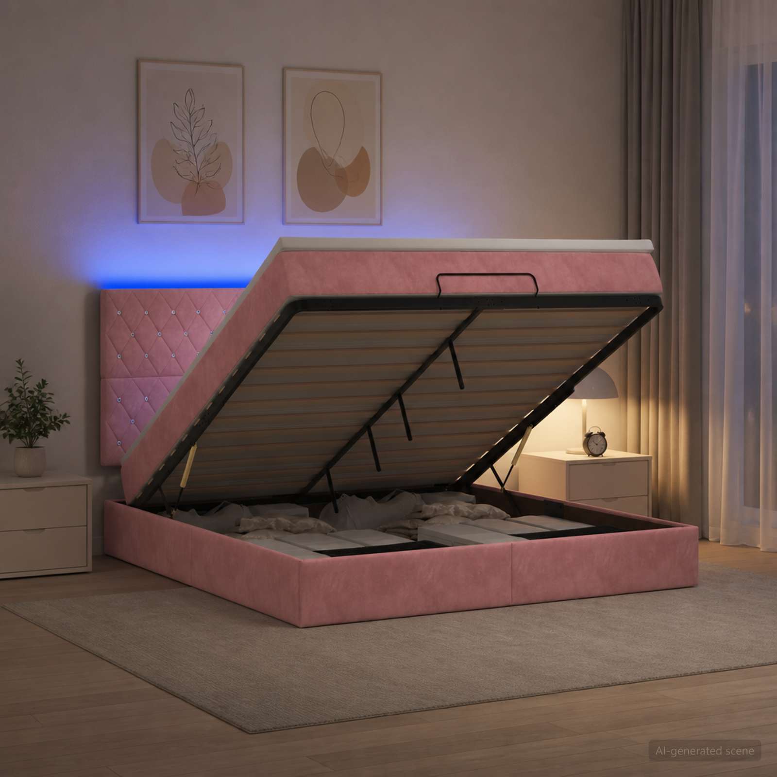 Отоман с матрак и LED с LED ленти Розово 140 x 190 cm Кадифе