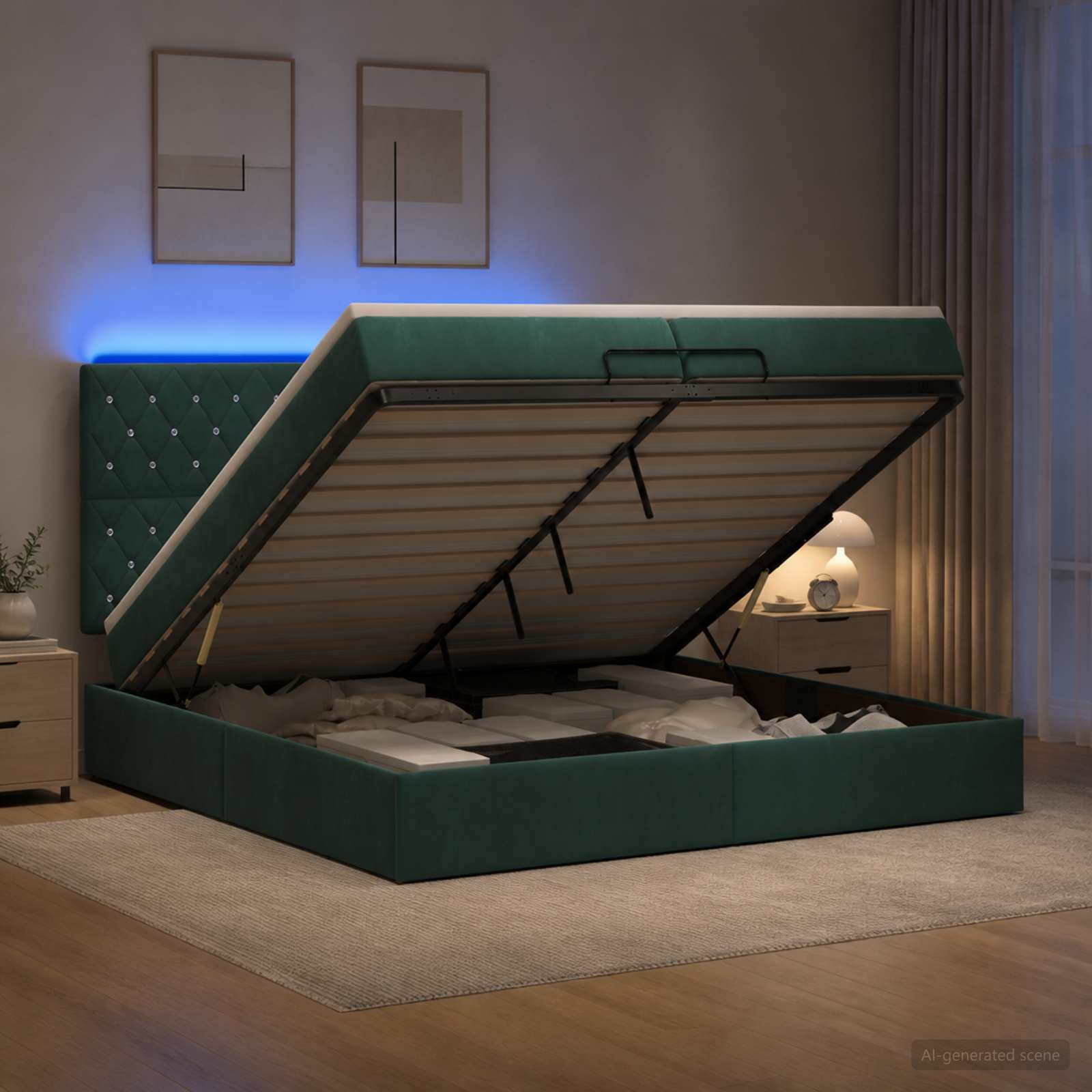 Κρεβάτι Ottoman με Στρώμα και LED Σκούρο Πράσινο 200 x 200 cm - Image 4