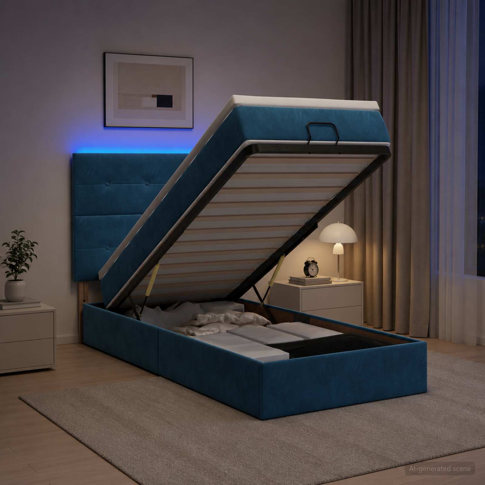 Ottoman Bed met Matrassen en LED Donkerblauw 90 x 200 cm – afbeelding 1