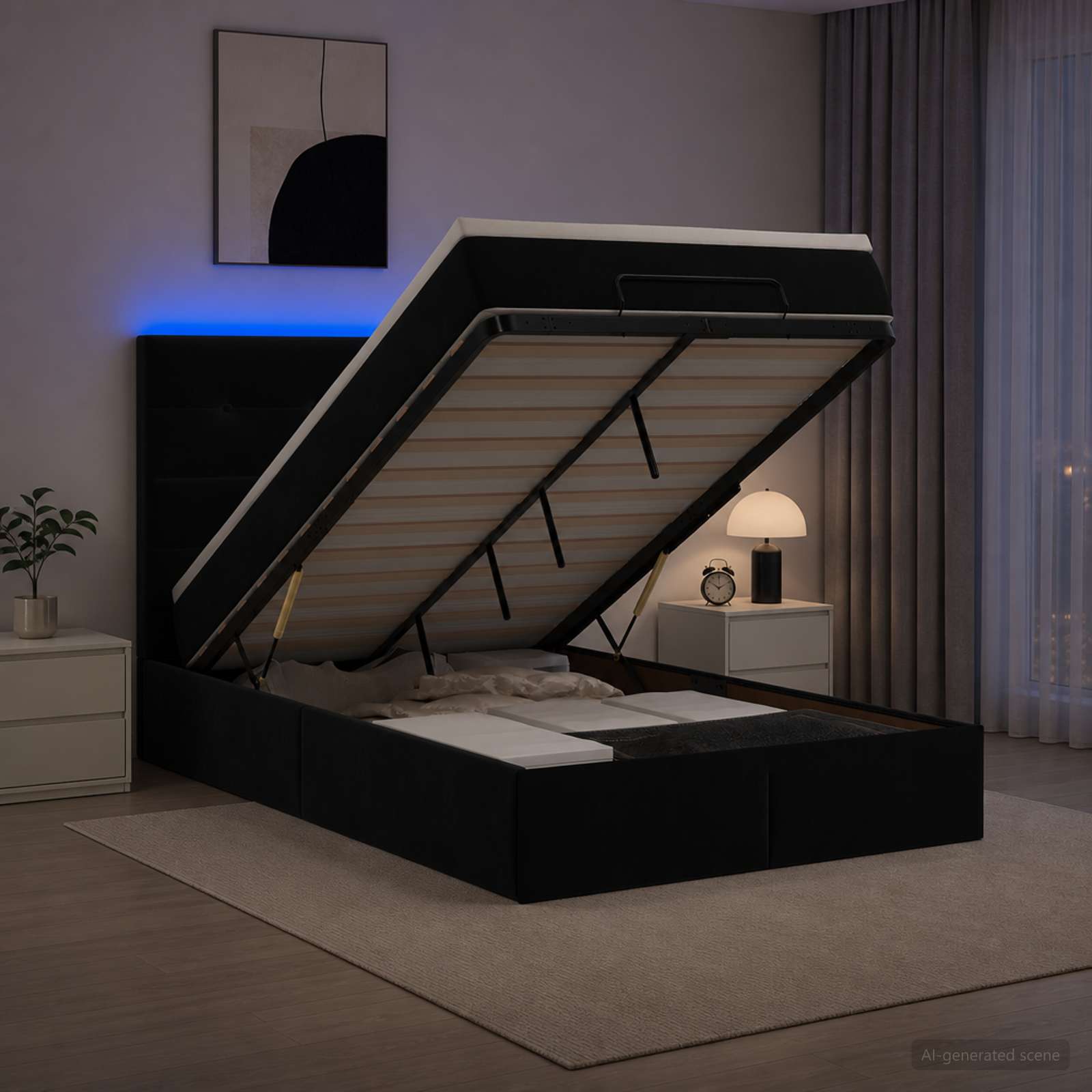 Отоман с матрак и LED с LED ленти Черно 120 x 190 cm Кадифе
