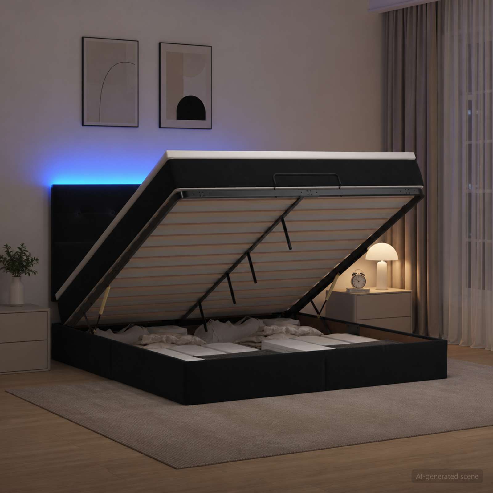vidaXL Ottoman seng med madras og LED Sort 140 x 200 cm Fløjl