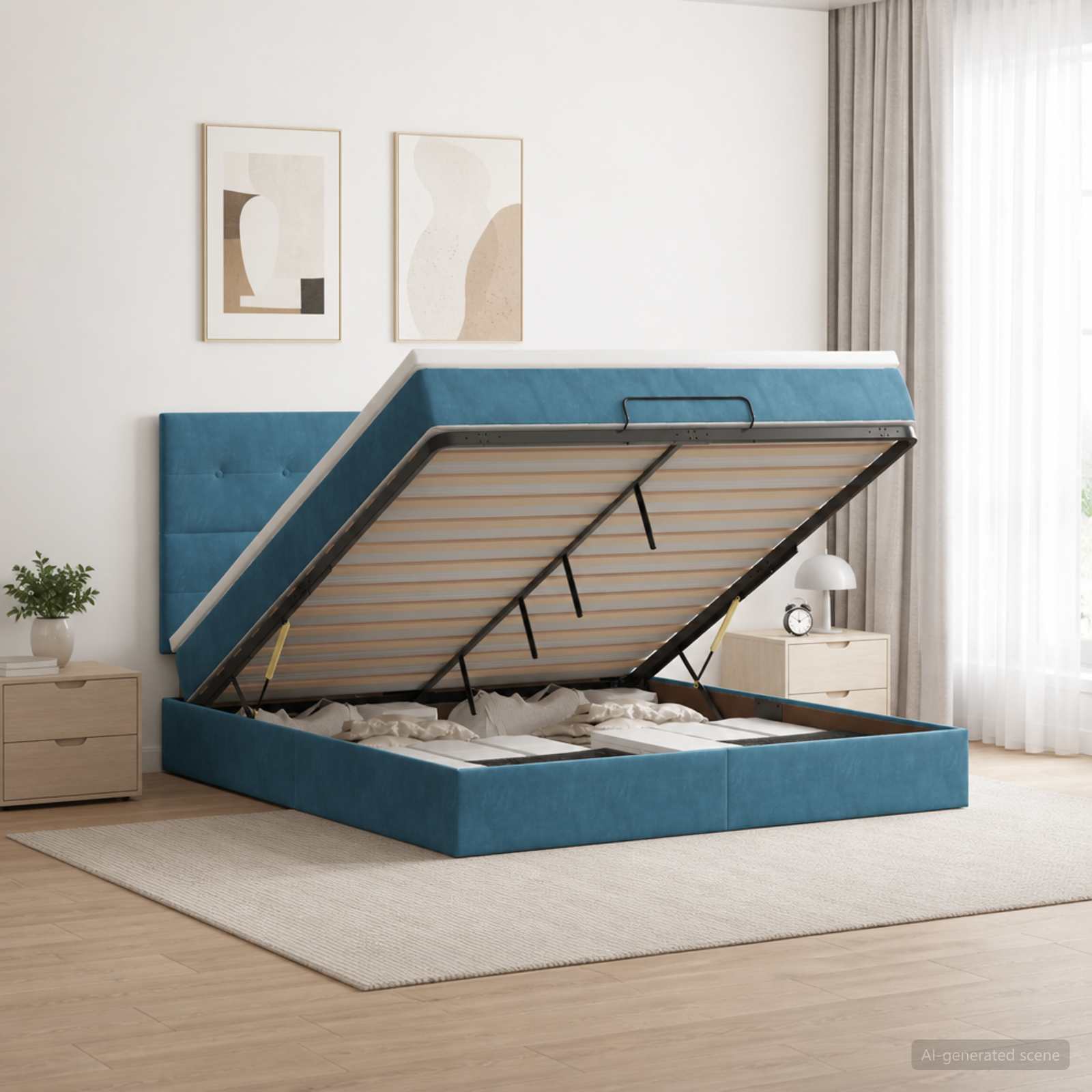 Ottoman bed met matras Donkerblauw 140 x 200 cm Fluweel – afbeelding 1