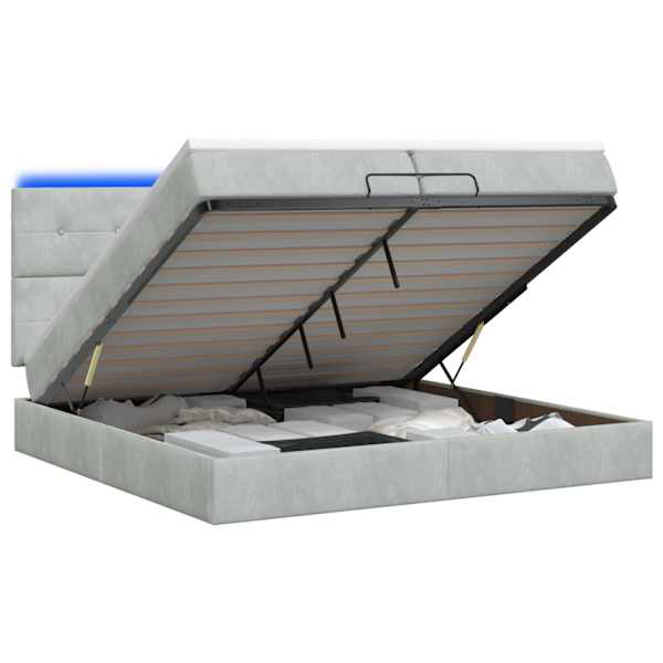 vidaXL Ottomani voodi madratsi ja LED-idega Helehall 200 x 200 cm