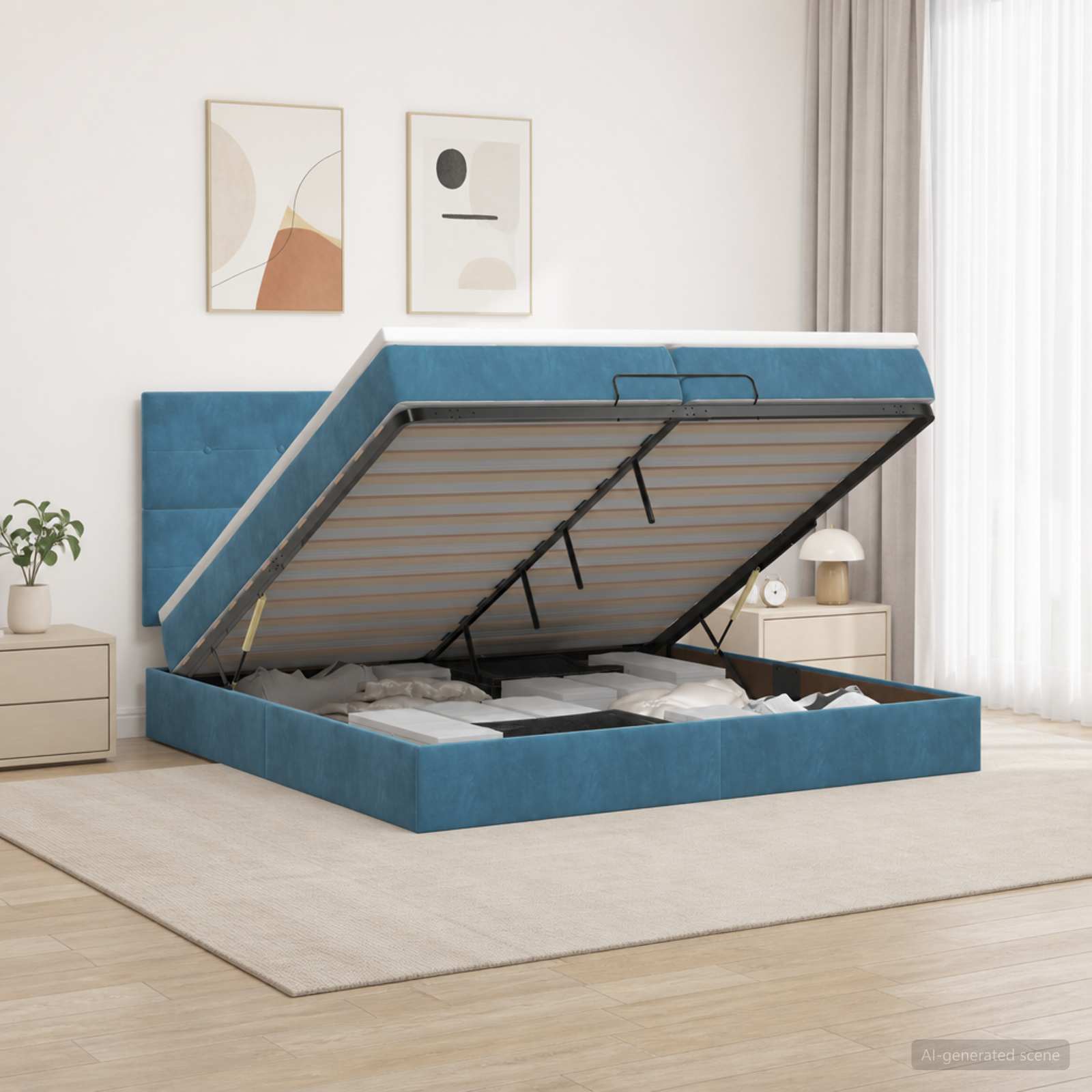 Ottoman Bed met Matrassen en LED Donkerblauw 200 x 200 cm – afbeelding 1