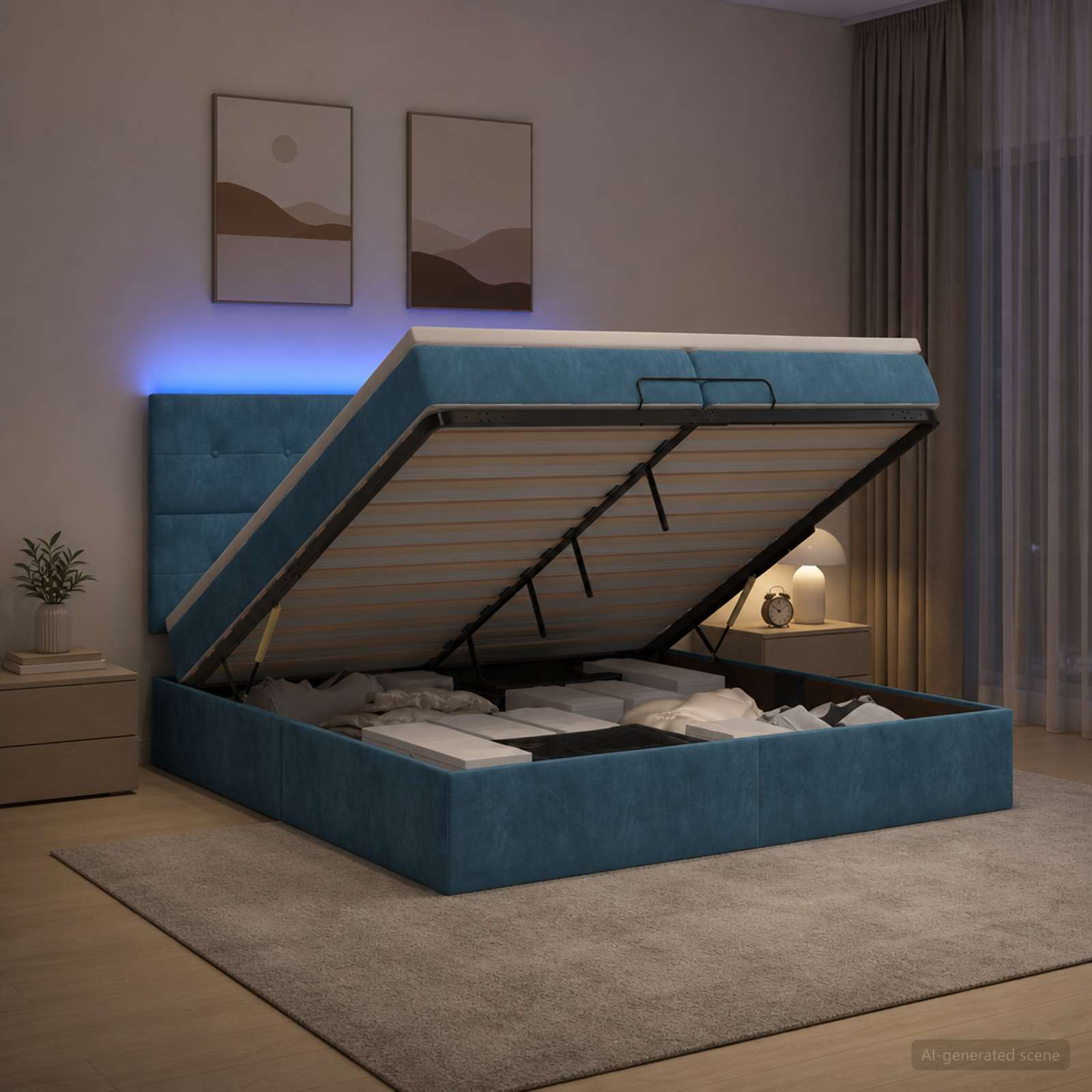 vidaXL Ottoman Bed met Matrassen en LED Donkerblauw 200 x 200 cm