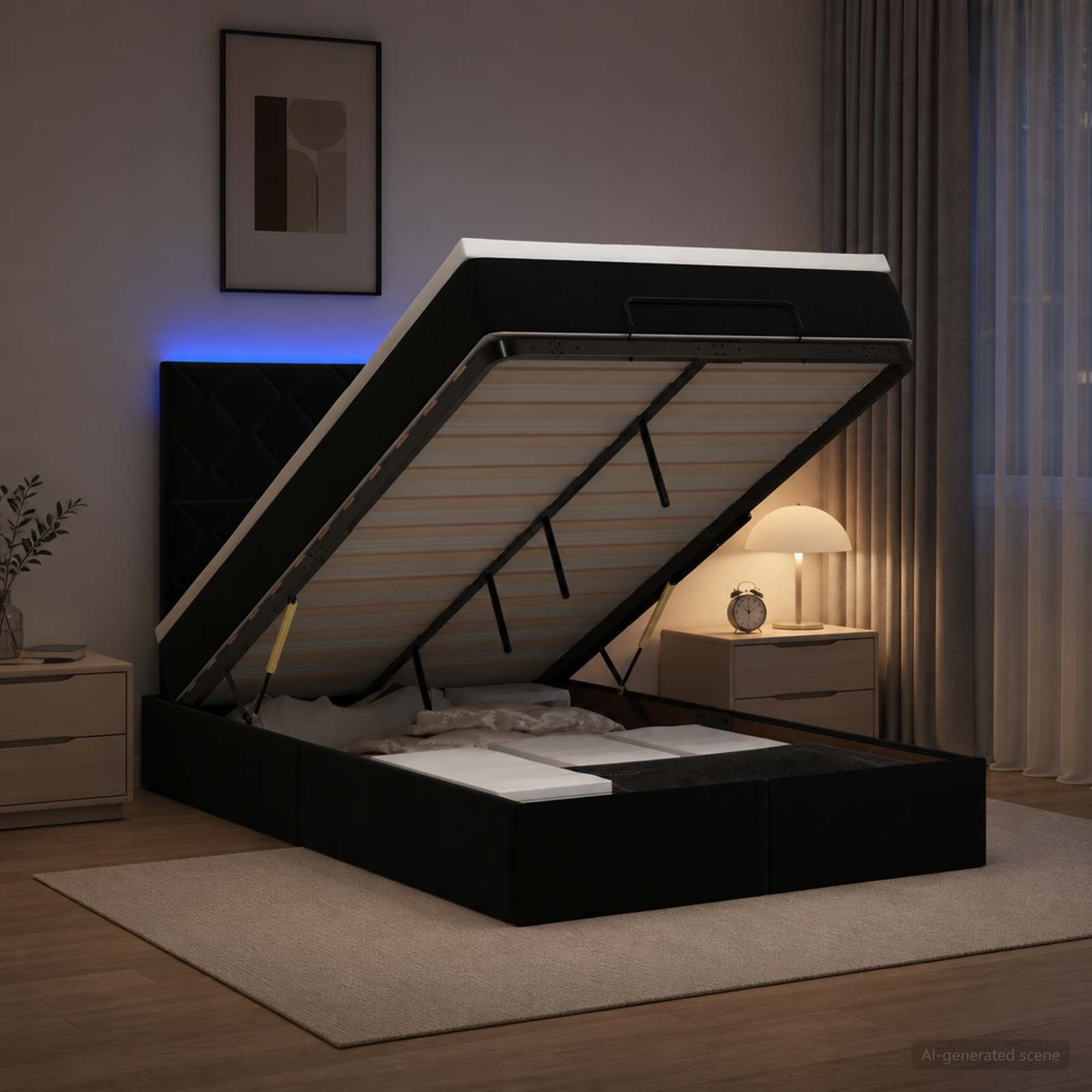 Ottoman seng med opbevaring, madras og LED 120 x 190 cm - sort fløjl