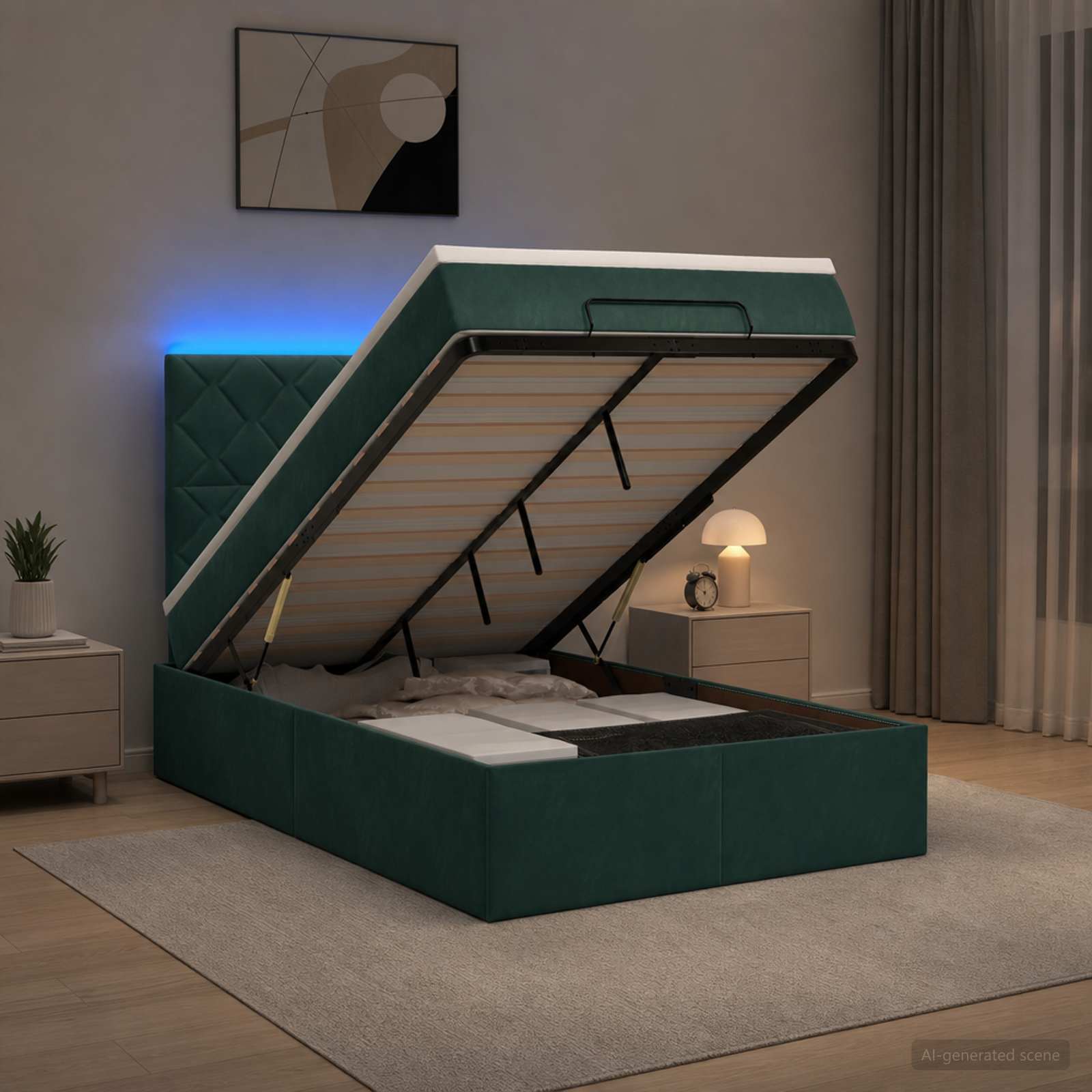 vidaXL Ottoman seng med madras og LED Mørkegrøn 120 x 200 cm Fløjl