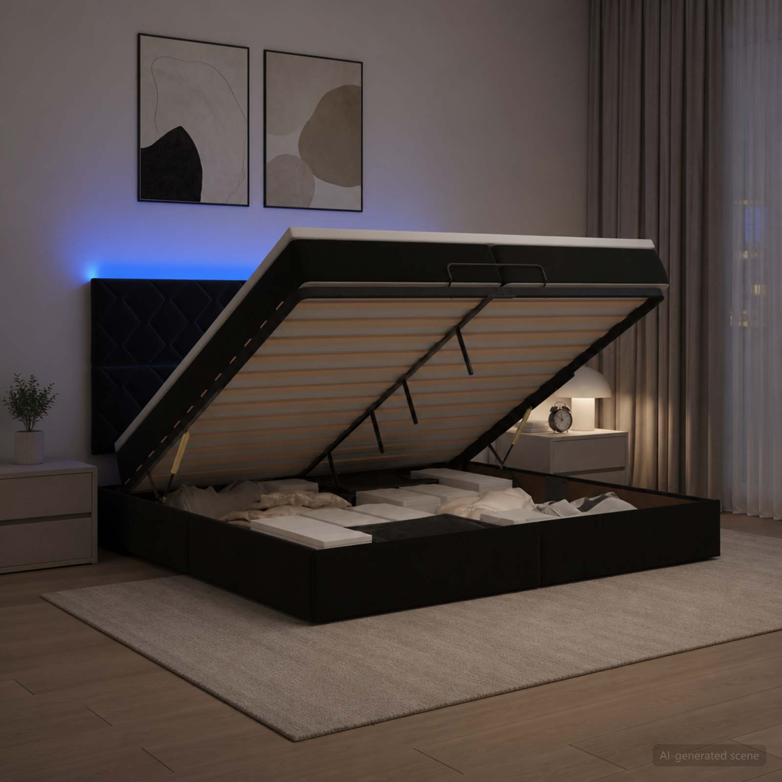 vidaXL Ottoman Bed met Matrassen en LED Zwart 200 x 200 cm fluweel, foto 4