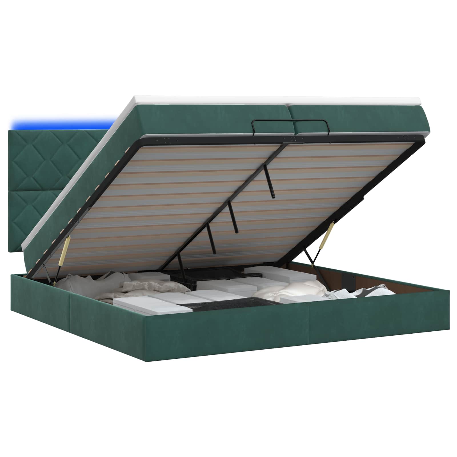 Κρεβάτι Ottoman με Στρώμα και LED Σκούρο Πράσινο 200 x 200 cm - Image 2