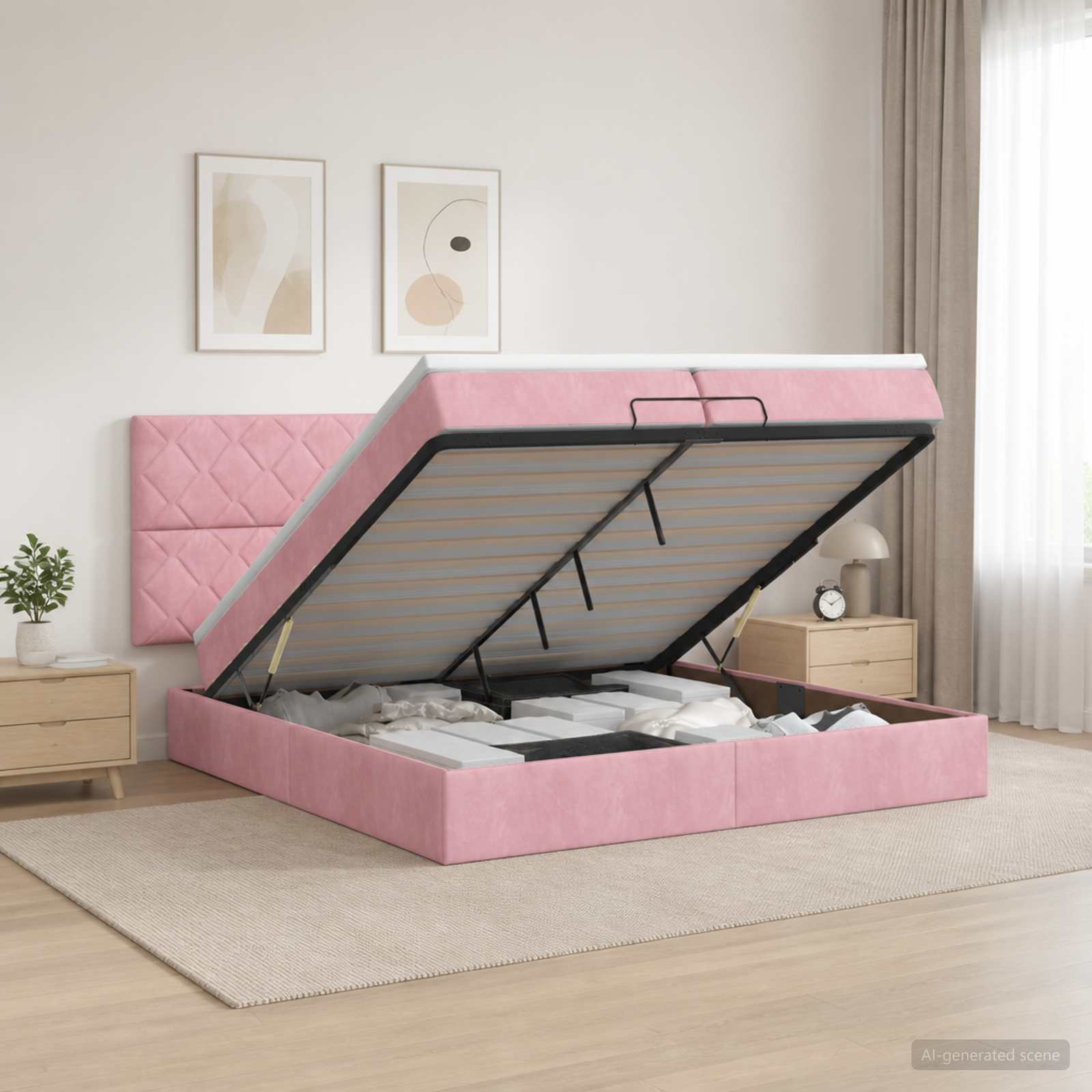 Отоман с матрак и LED с LED ленти Розово 200 x 200 cm Кадифе
