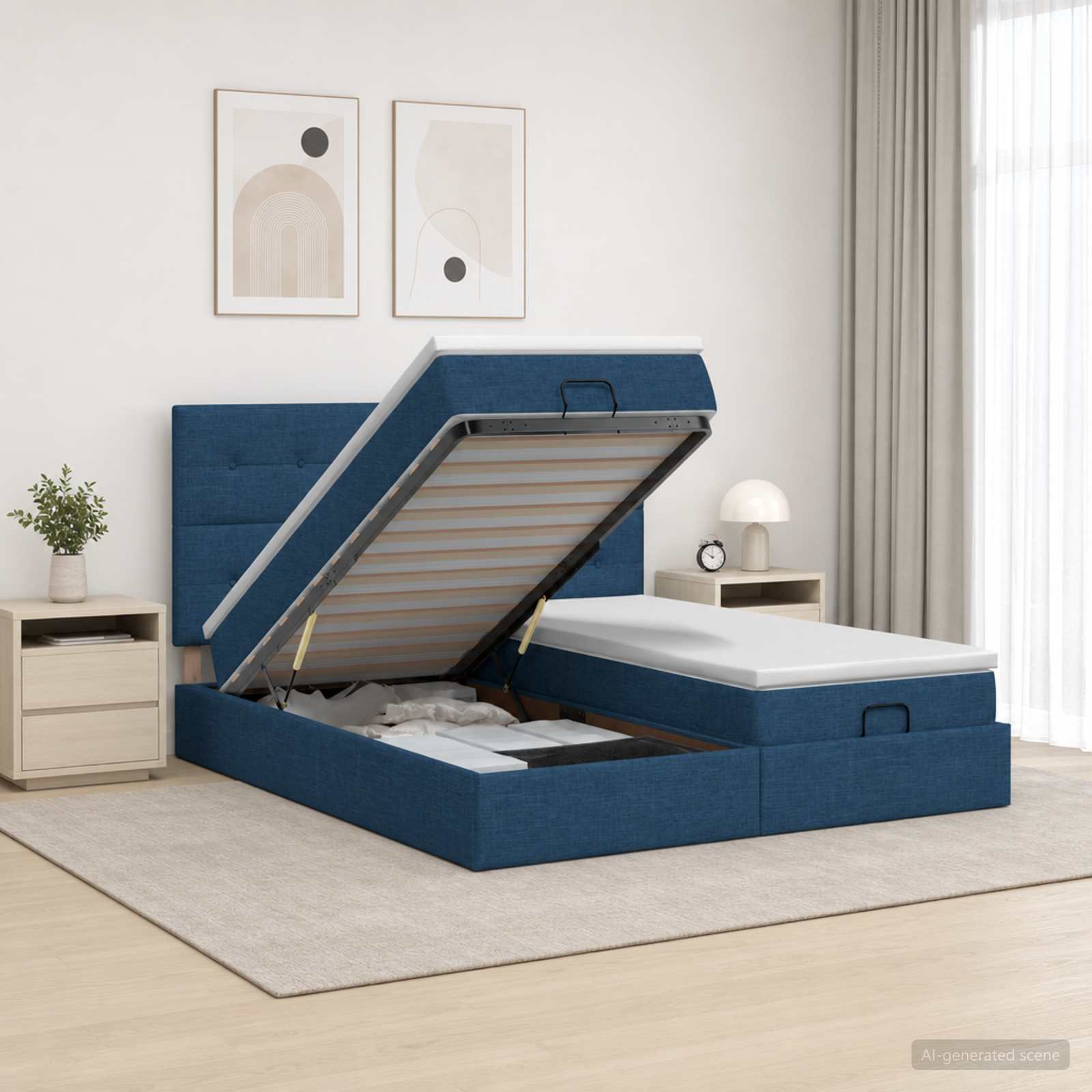 Ottoman Bed met Matrassen en LED Blauw 200 x 200 cm Stof – afbeelding 1