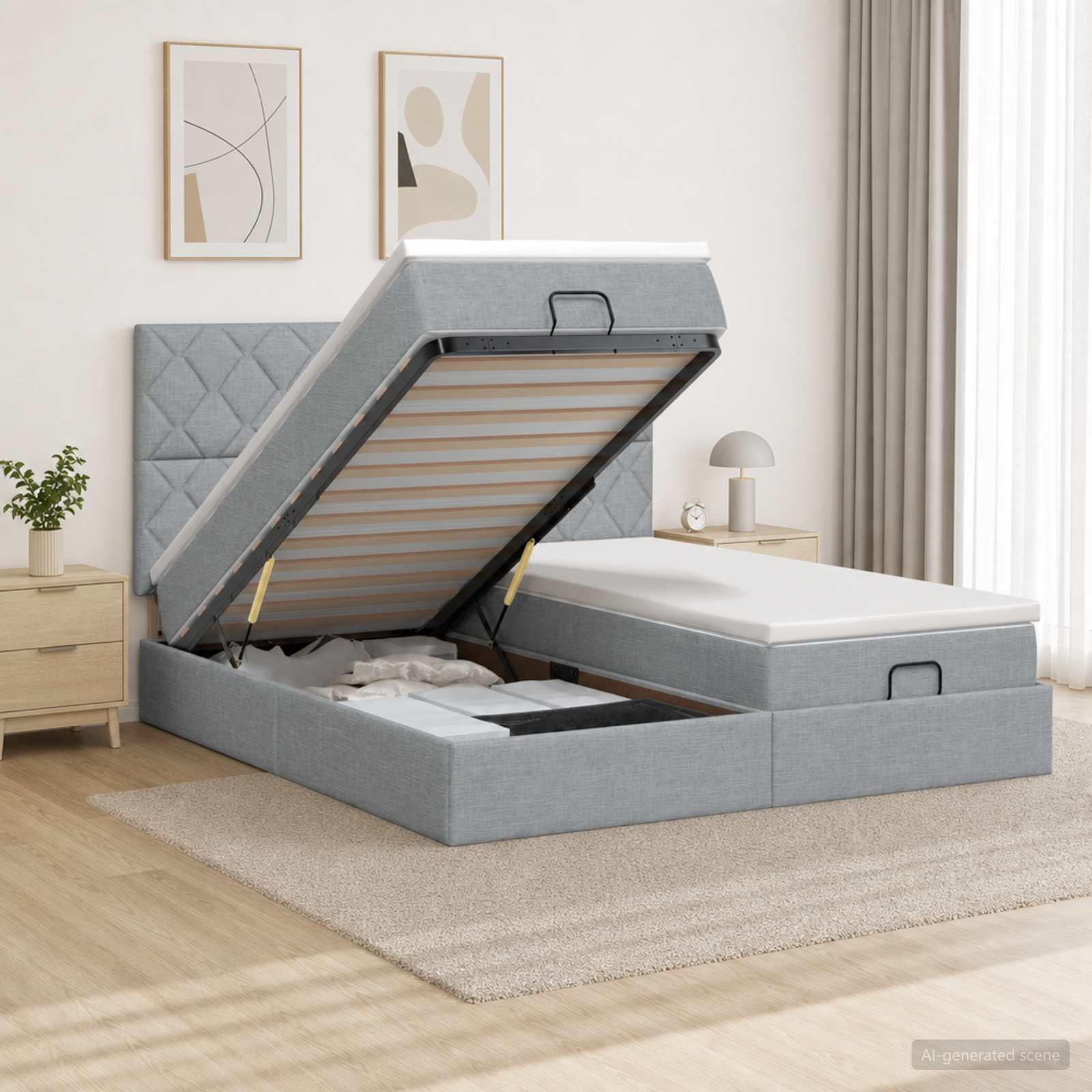 Ottoman Bed met Matrassen en LED Lichtgrijs 200 x 200 cm Stof – afbeelding 1