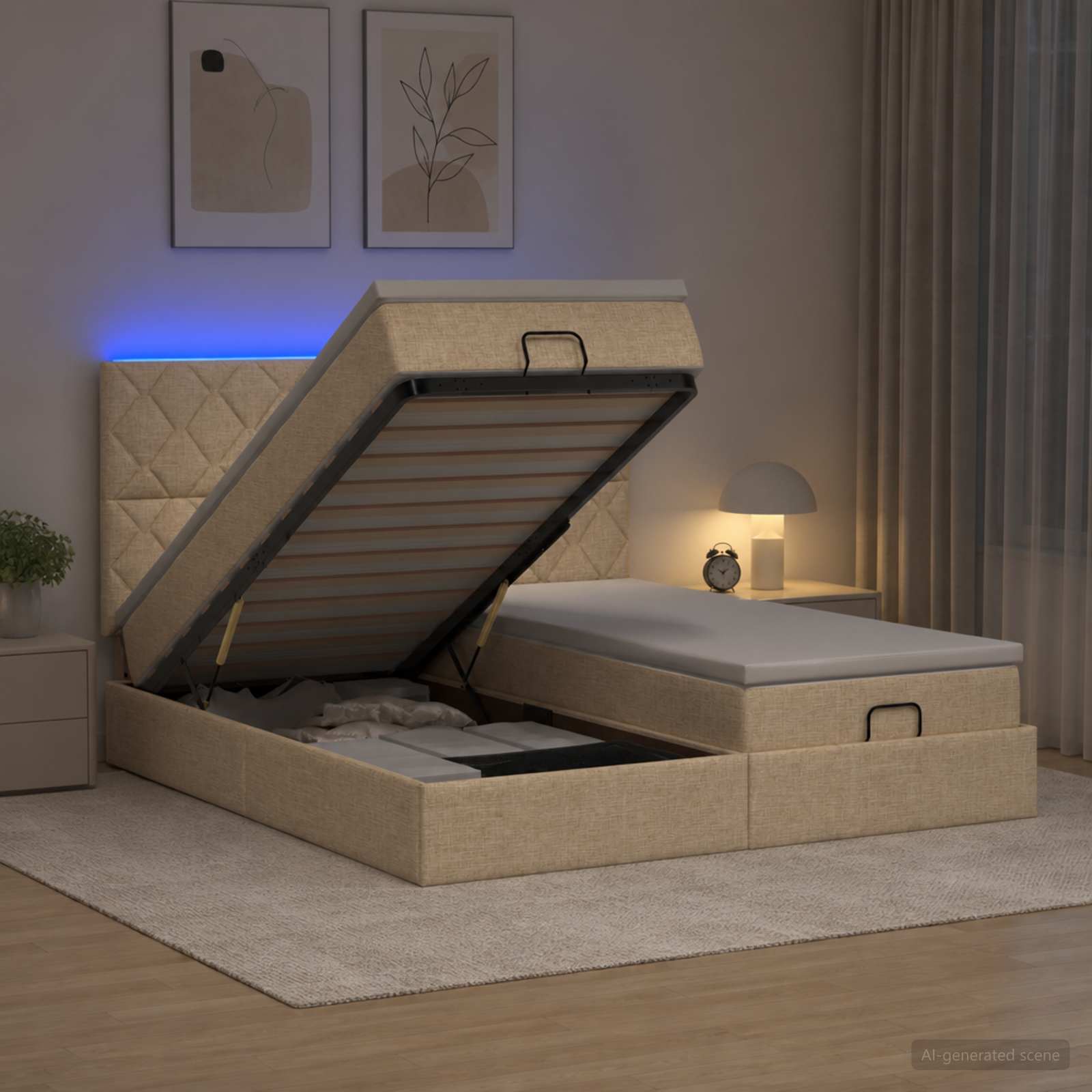 Otomanska postelja z vzmetnico in LED Krem 200 x 200 cm Blago