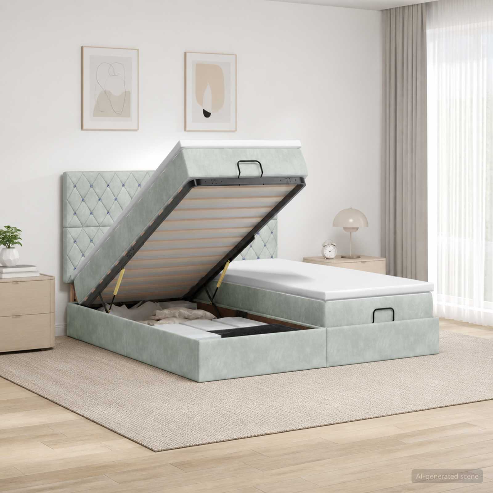 vidaXL Ottoman seng med madras og LED Lysegrå 200 x 200 cm Velour